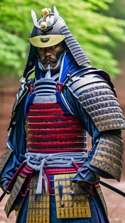 Two Japanese samurai facing each other on the battlefield、Wearing full body armor、One is brandishing a sword、wearing black armor、Delicate and very beautiful image quality、Photo quality、Both of them are shown in full body、The background is a Japanese bamboo grove、The corpses of samurai who died in battle are scattered around、It's daytime, but it's foggy and a bit dark.、The samurai in black armor wears an iron mask with a white beard under his nose.、