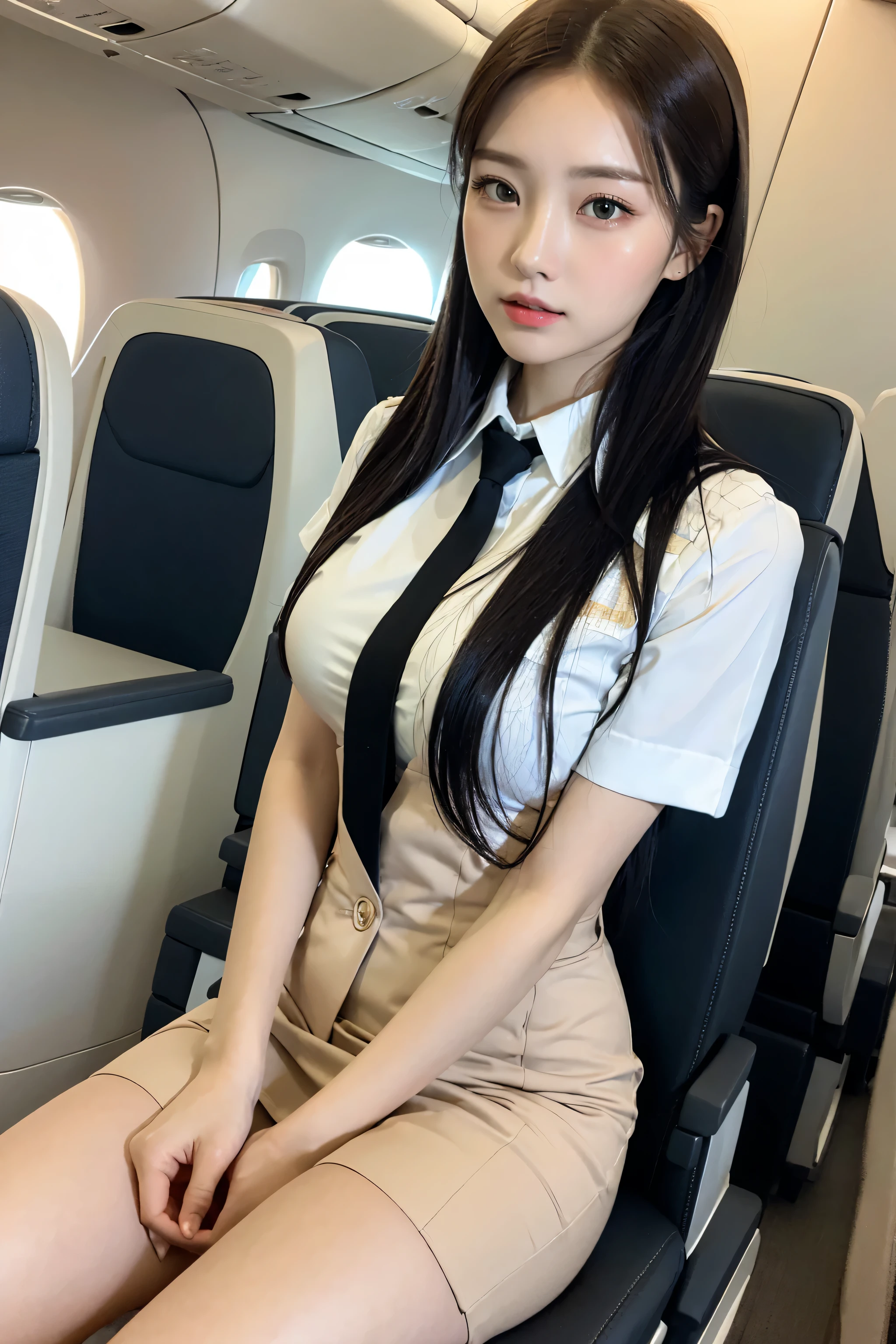 masterpiece:1.2、highest quality)、lively、(real image、intricate details、Depth of the bounds written)、(1 girl、solo)、compensate、split lip、delicate face、Perfect face highest quality, masterpiece, 8K, ultra high resolution, (realistic: 1.4), 1 girl, beautiful face, symmetrical eyes, big, perfect body proportions, stewardess uniform, Viewer&#39;s line of sight, (inside the plane: 1.2), Front view, Shoulder jumps, Absolute area (1.3),