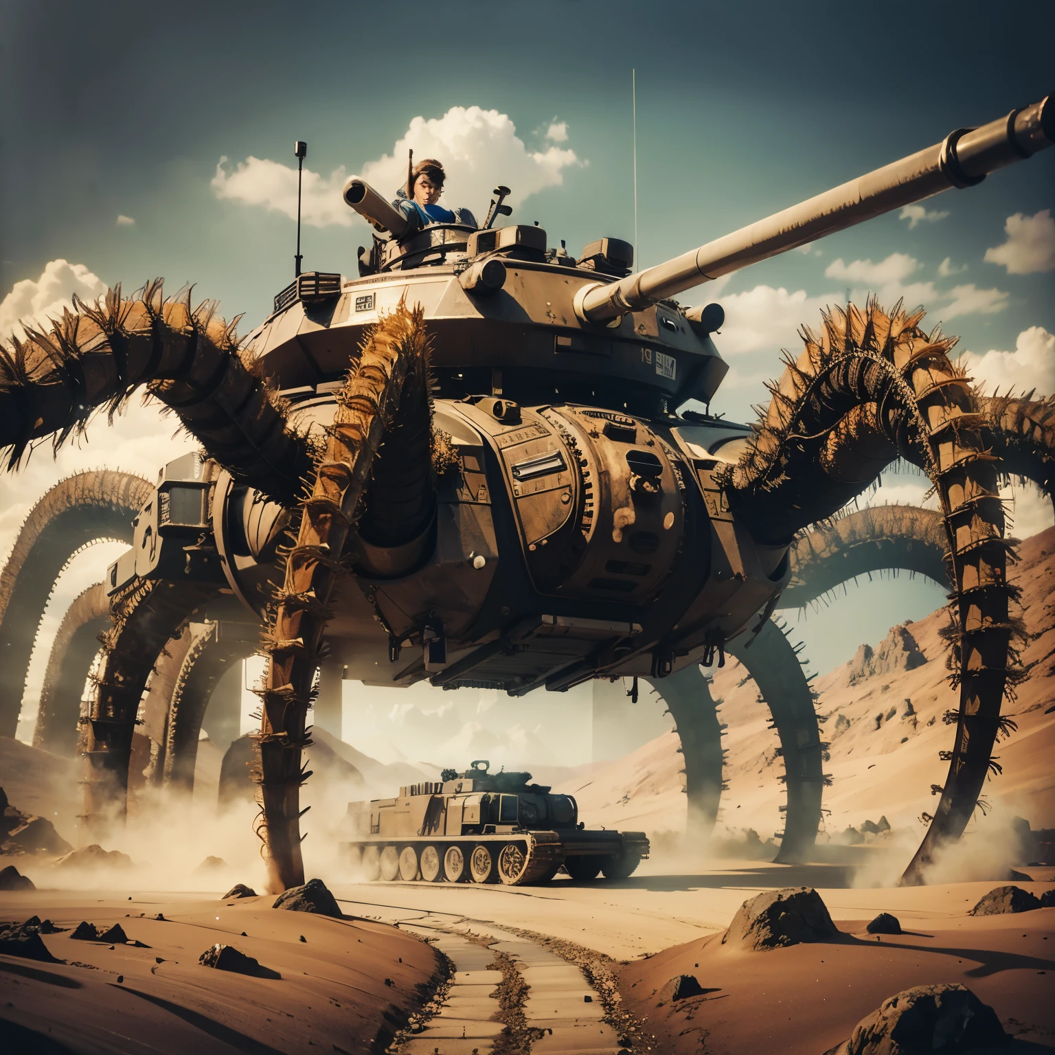 Masterpiece, top quality, realistic, super detailed, super realistic textures, mechanical, multi-legged tank with centipede motif, (FUJI FILM)
