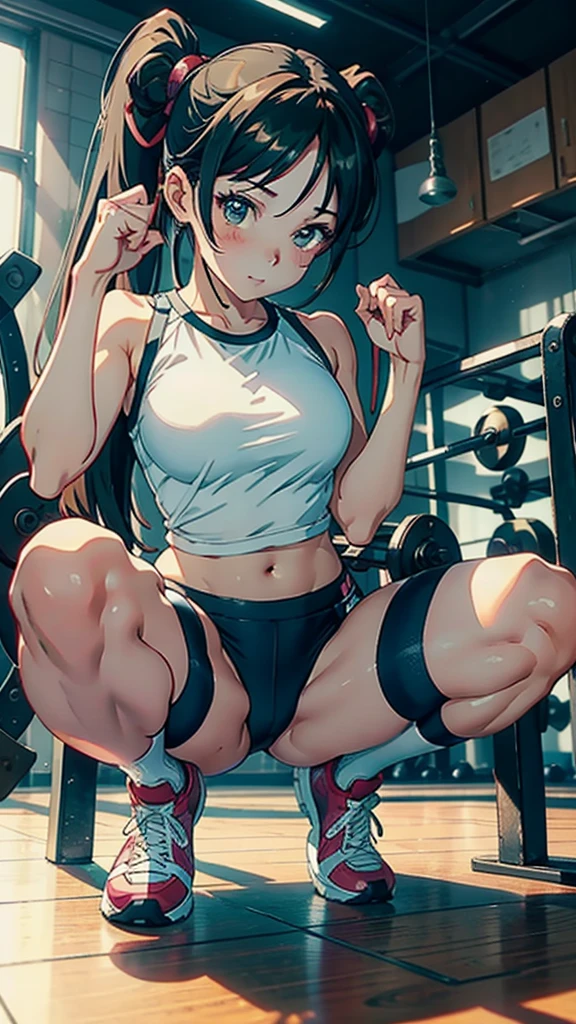 anime girl squat on the floor with a pair of shoes, beautiful anime girl squat, anime girlがしゃがんでいる, Chun-Li at the gym, fit girl, tifa lockhart, workout, 魅惑的なanime girl, squat, at the gym, thighs!!!, trending on cgstation, 4k manga wallpaper, anime girl, strongest pose