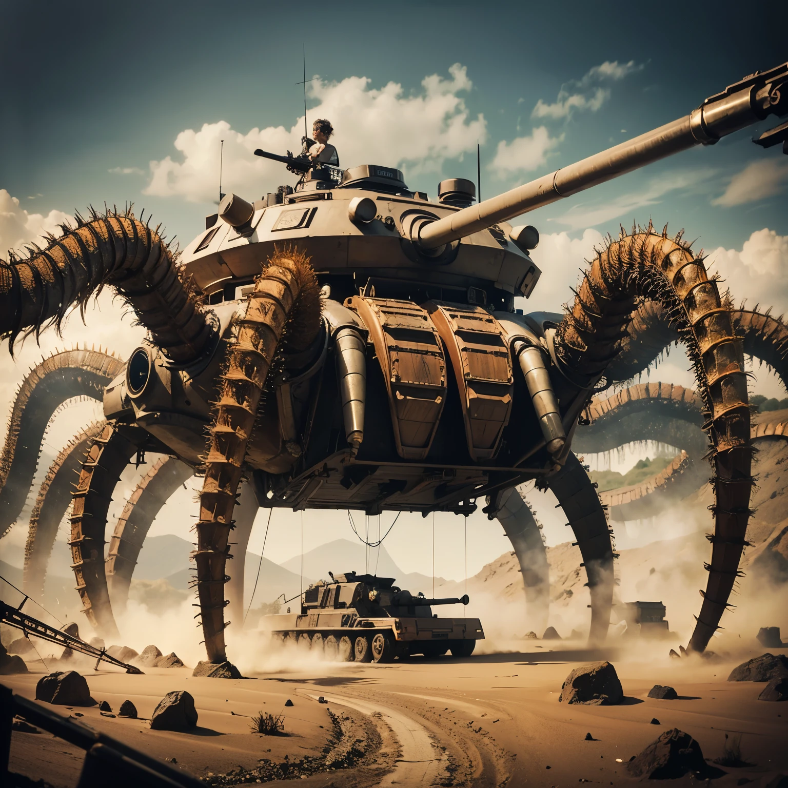Masterpiece, top quality, realistic, super detailed, super realistic textures, mechanical, multi-legged tank with centipede motif, (FUJI FILM)
