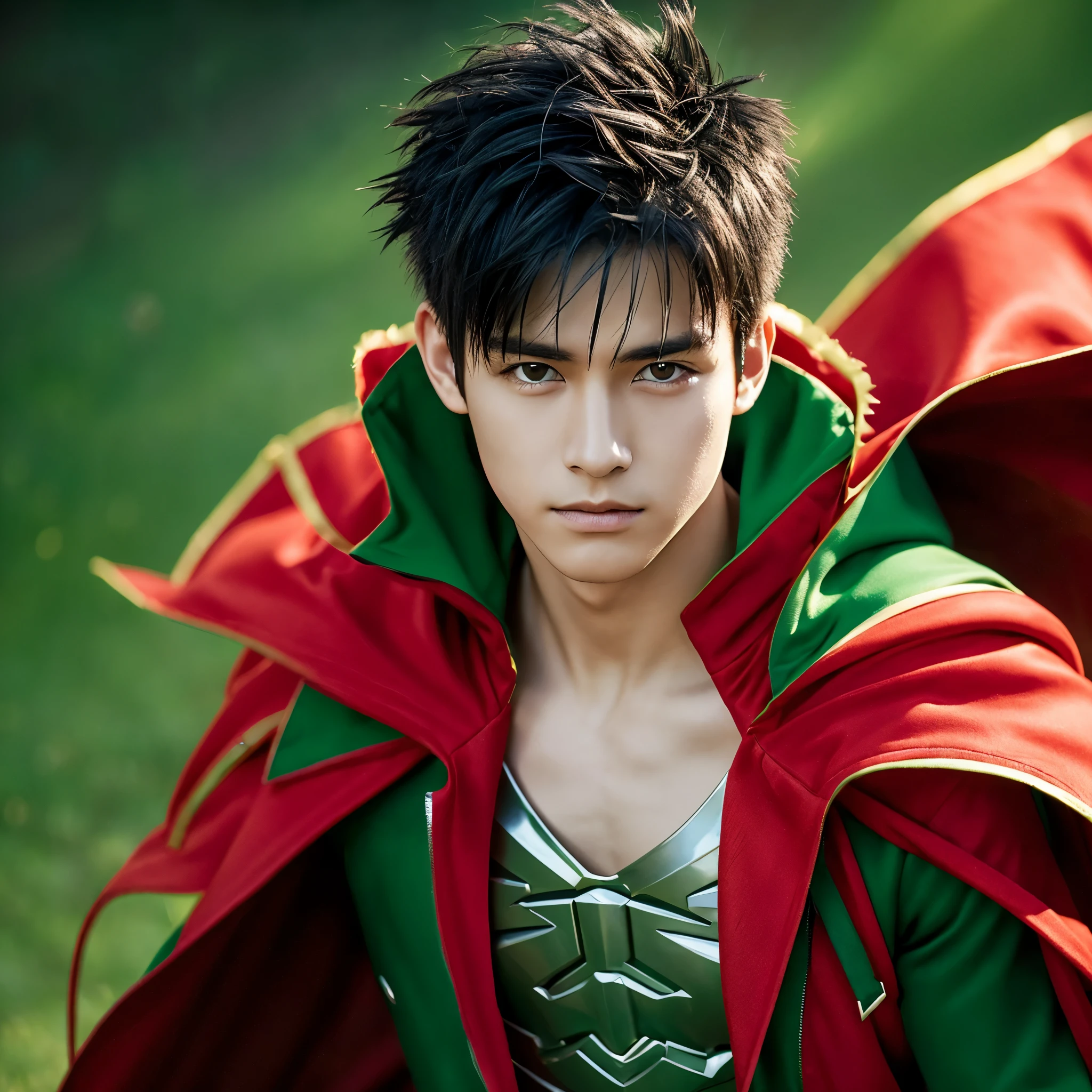 Green hero costume red cloak Black hair with spiky bangs swept slightly to the left A young man with a handsome face Hair length is around the neck