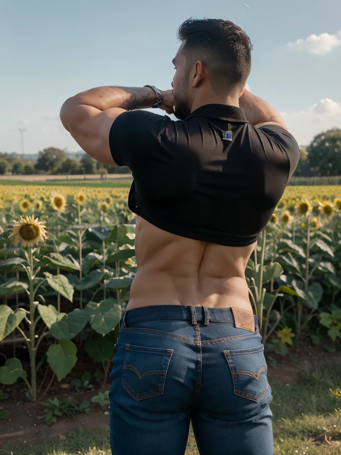 30 years, ojos grandes, hombre chino, rastrojo, pulgada blanca, huge muscles, exaggerated muscles, hombre maduro, muscle swelling, culturismo, Musculos pectorales, abdominales, muy nalgon , en un campo de flores de girasol, Muchos girasoles, chaqueta y chaleco, vaqueros, zapatillas, luz natural, collar de metal, piel color trigo, 1 hombre, de pie, aretes de hombre, tatuajes, Bubble butt, jeans ajustados, backside, bent over manly