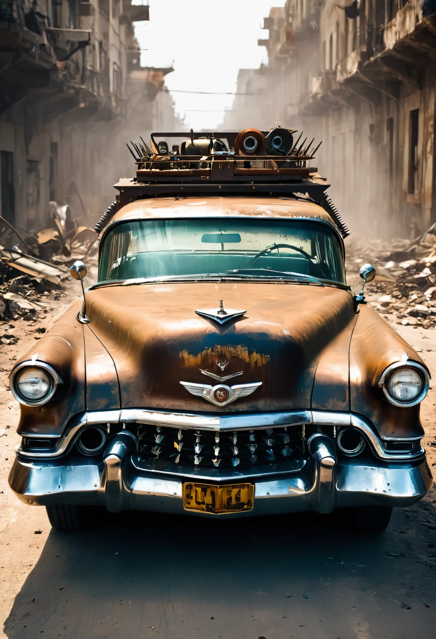 faithful image of an old rusty 1955 cadilac eldorado with METAL spikes on the hood, War vehicle, COM MUITOS ESPINHOS AO REDOR. RODAS GROSSAS, military style with modifications, the car is racing on a street suspended over a destroyed white concrete overpass in the center of a post-apocalyptic city with many buildings around, carro steampunk, dramatic art, estilo de arte dieselpunk, apocalyptic road warrior vibe, a girl with sunglasses is inside the car, the girl is dirty and hurt, ela usa roupas rasgadas e sujas, ela tem pele realista, arte digital surreal, Mad Max inspirado, heavy metal artwork, simetria da face cromada, arte steampunk digital, It's not the Mad Max style, metal art, It's not Filip Hodas' art style, arte digital steampunk, dieselpunk, em um mundo hightech, foto na diagonal