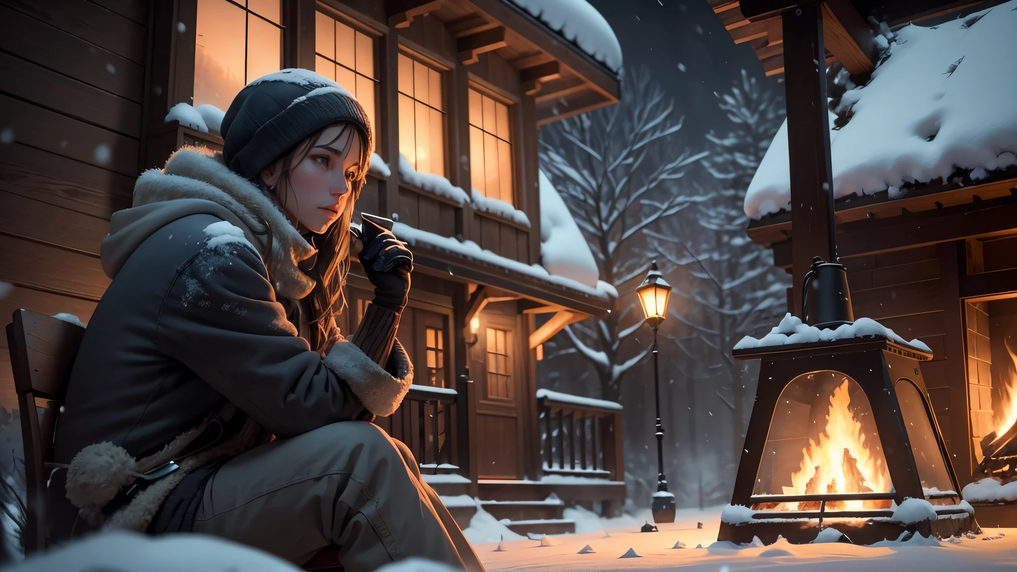 araffe sitting on a porch with a fire in the fireplace, outside in snow snowing, winter setting, snowfall at night, cozy setting, immensely detailed scene, cinematic outdoor lighting, realistic cgi, cinematic establishing shot, atmospheric establishing shot, cinematic render unreal engine, inspired by Terry Redlin, realistic establishing shot, amazing cgi, atmospheric cold lighting, unreal engine cinematic