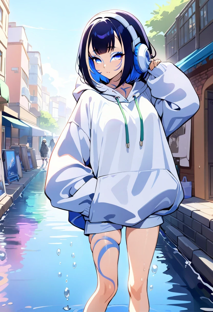 ((shylily)),(masterpiece:1.2),(best quality:1.2),8K resolution、((top-quality))、((masterpiece))、((ultra-detailliert))、1 woman、solo、incredibly absurdness、Oversized hoodies、headphones、Street、plein air、Sateen、neons、Shortcut Hair、Brightly colored eyes、Hands in pockets、shortpants、water dripping