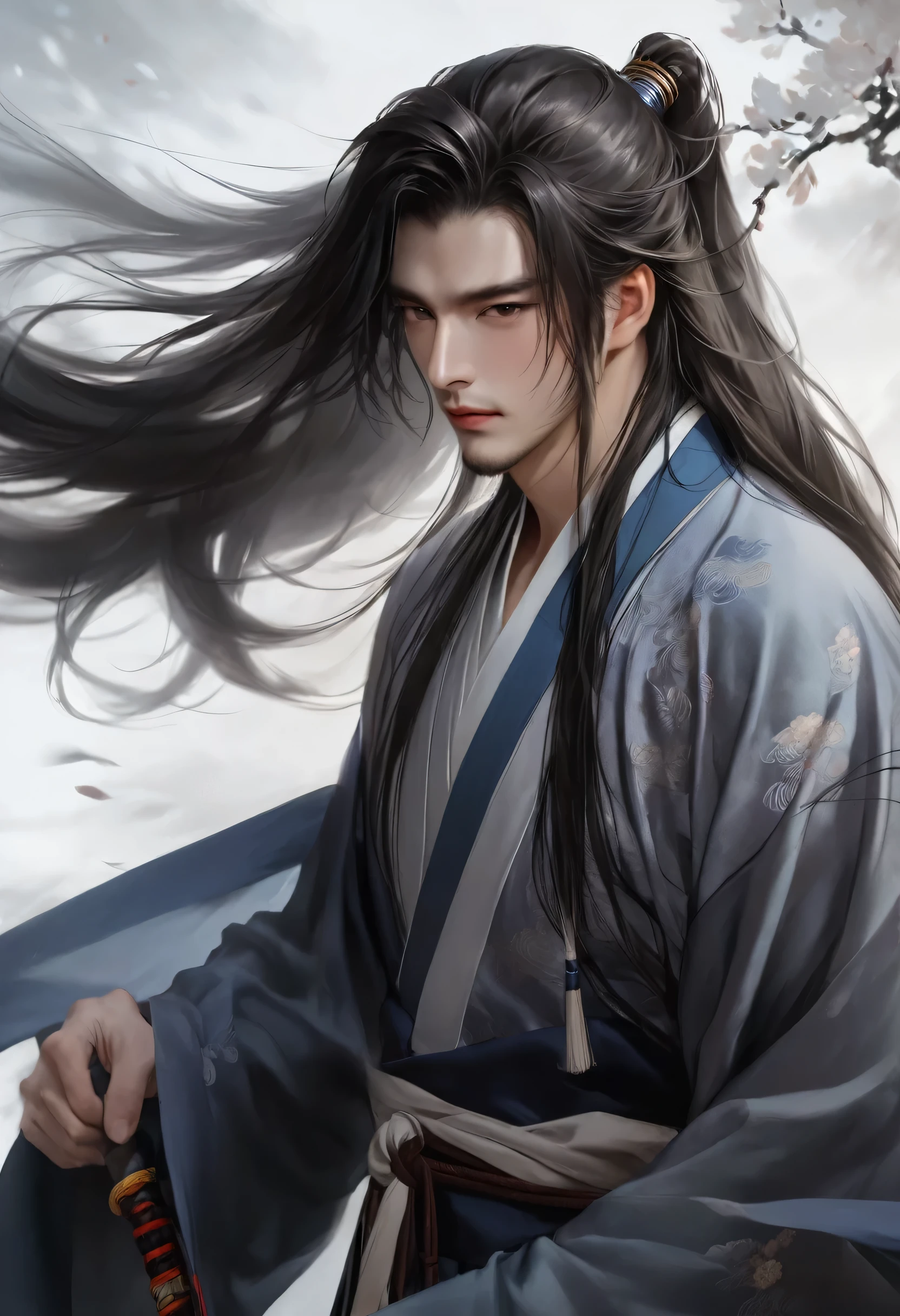 warrior，young man、long hair，Hanfu，robe，Handsome Face Shape，handsome man、lively、