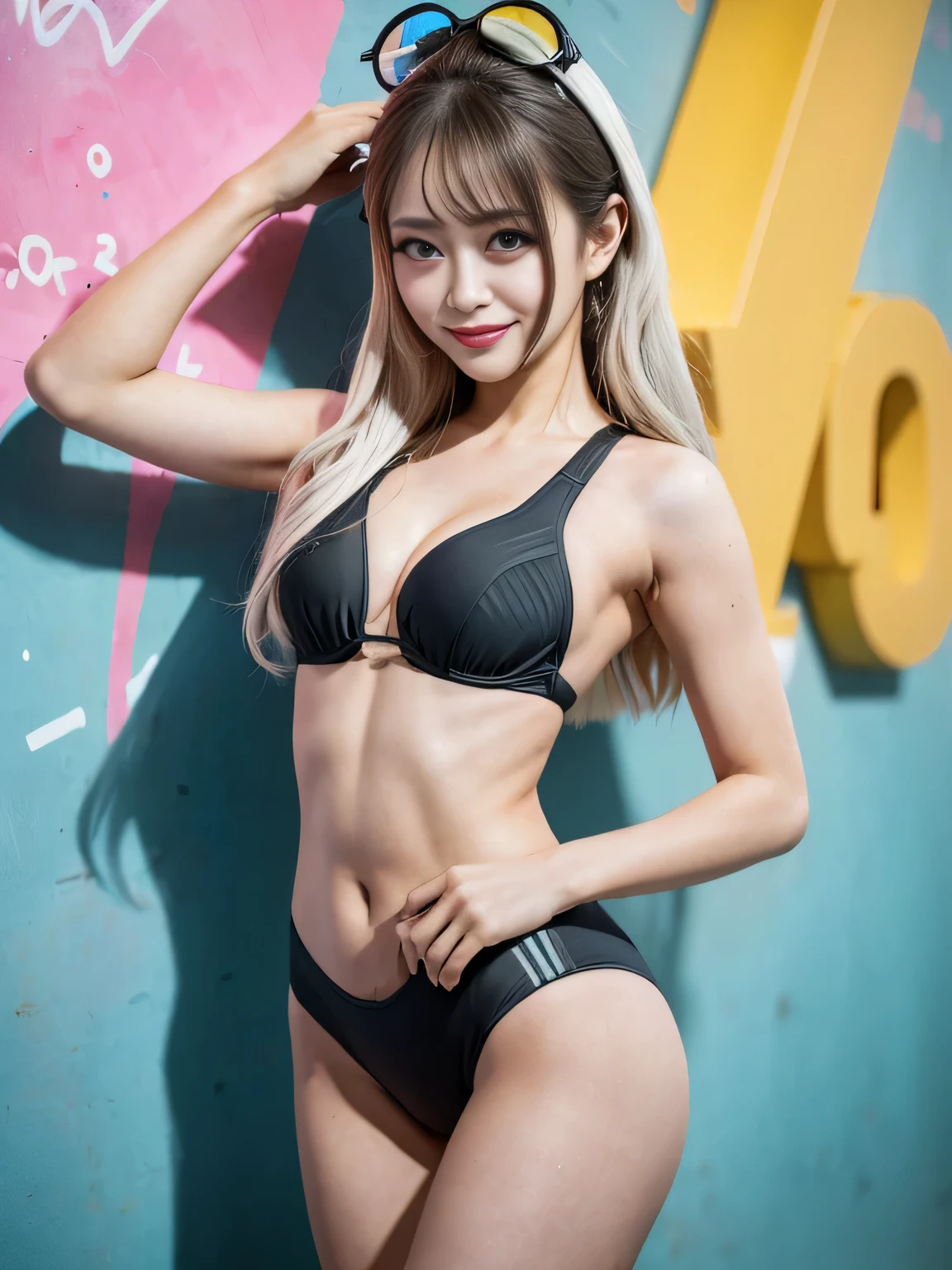 (realistic:2),(masterpiece:2), (highest quality:2),(High-definition face drawing:1.3),(RAW photo:1.3),(everything is beautiful and perfectly balanced), (Smile of a very happy age girl:1.2),(thank you for the wonderful world:1.2),(small face:1.2), (dynamic pose:1.5), (Unusual hairstyle: 1.2), (unusual hair color: 1.2), (unusual swimsuit: 1.2), (unusual underwear: 1.2), (unusual decoration: 1.2), (unusual fashion: 1.2), ( Unusual pattern: 1.2), (unusual place: 1.2), (symmetrical and artistic graffiti wall:1.2), (cinematic natural light effects:1.2), gal.safetensors, GirlfriendMix2:1