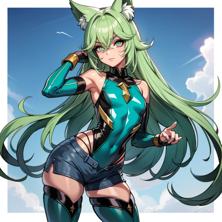 Garoto solteiro, Anime Femboy, curto, longos cabelos brancos, orelhas de lobo, cauda de lobo, olhos azuis, vestindo shorts curtos, meias altas, botas de combate pretas, usando moletom preto curto, peito achatado, super peito achatado, femboy solo, apenas um femboy ((peito achatado)), quadris largos, coxas grossas