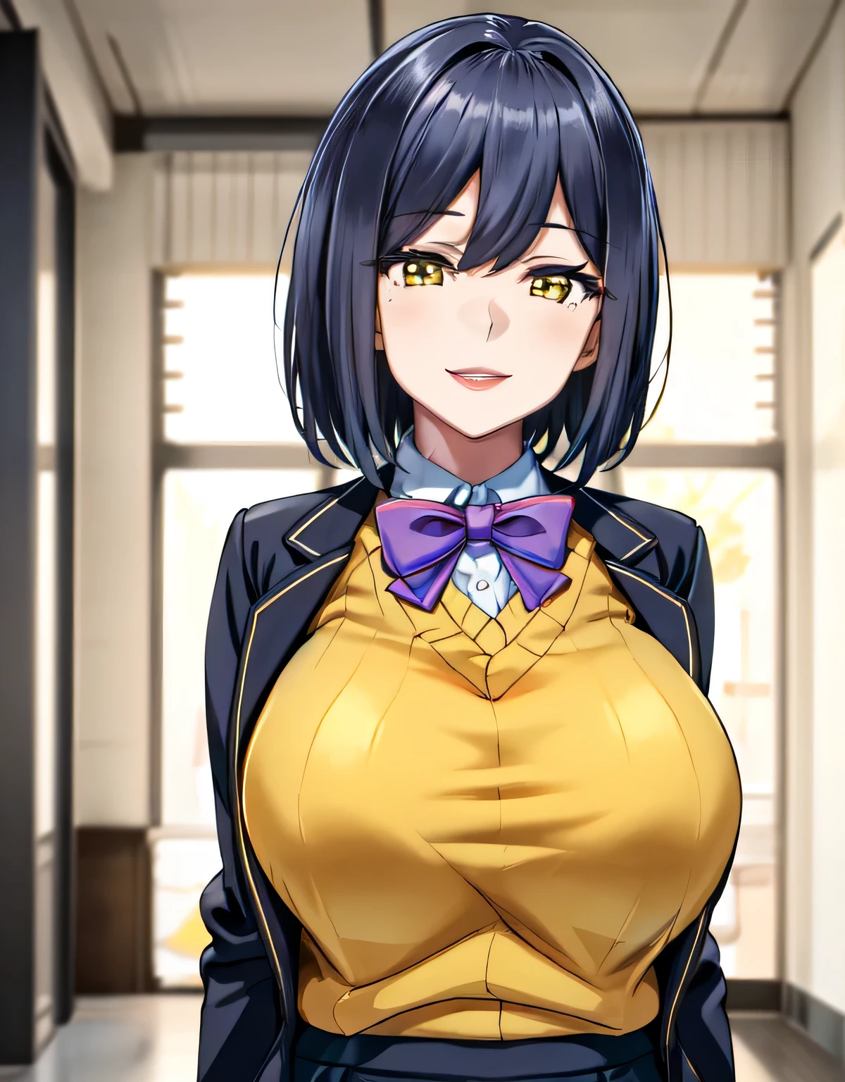 huge breasts,(shiny hair),((solo)),((masterpiece)),((best quality)),perfect anatomy,slim waist,perfect image,8k UHD,(beautiful detailed eyes:1.3),extremely detailed face,standing,(upper body:1.2),(look at the front:1.5),arms behindback,ultra-detailed,absurdres,highres,((sensitive smile)),indoor room,aarin,short hair,bangs,,jacket,(black jacket:1.2),blazer,purple bowtie,yellow sweater,shirt,collared shirt,long sleeves,skirt,blue skirt,(yellow eyes),mature female,erotic lips,