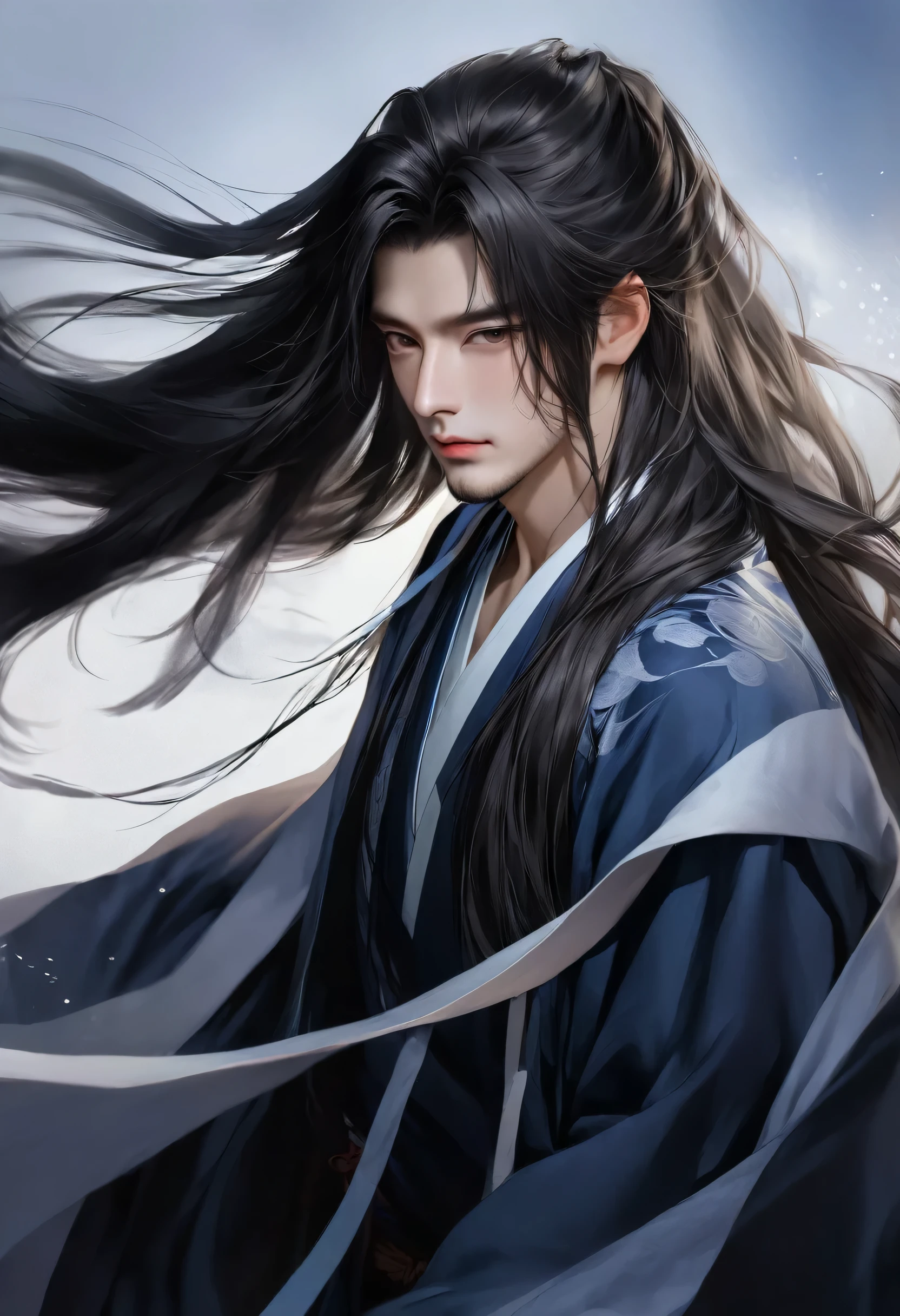 warrior，young man、long hair，Hanfu，robe，Handsome Face Shape，handsome man、lively、