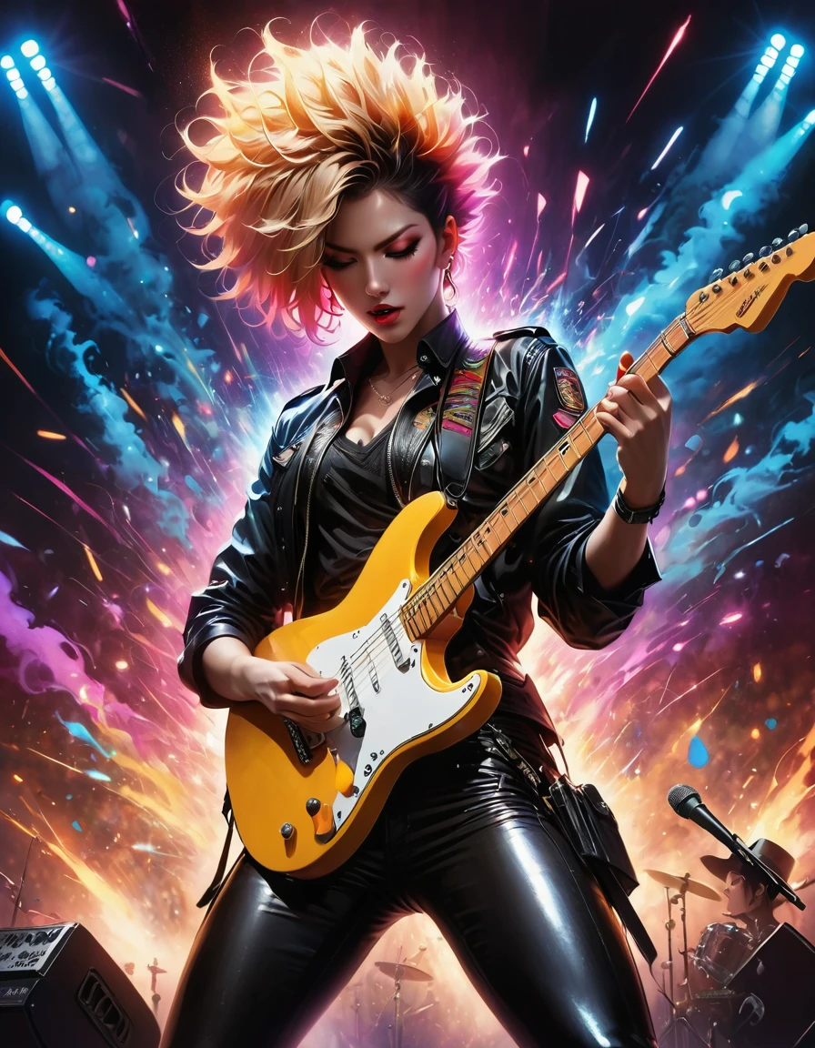 (best quality,4K,8K,high resolution,masterpiece:1.2),Super detailed,(actual,photoactual,photo-actual:1.37),rock star,singer,Guitar,Uniform,Black,tight,golden accents,spacewalk,hysterical singing,Stage lighting,rebellious,glitch art,bright colors,Energetic performance,electric atmosphere,loud music,screaming fans,Huge speakers,Fiery explosion,dynamic poses,Smoke and fog effects,expressive face,rotating lights,Flash,dark background,edgy style,wild hair,microphone stand,Guitar声音失真,rock music,Celebrity,电Guitar独奏,huge concert stage,strut on stage,Condescending,Emotional intensity,Loud and heavy drum beat,Electric energy,Stage fireworks,Powerful vocal performance,the stadium has a full crowd,thousands of fans,Roaring crowd,flash,electric atmosphere,sweaty and Energetic performance,legendary figures,Acting skills,standing ovation