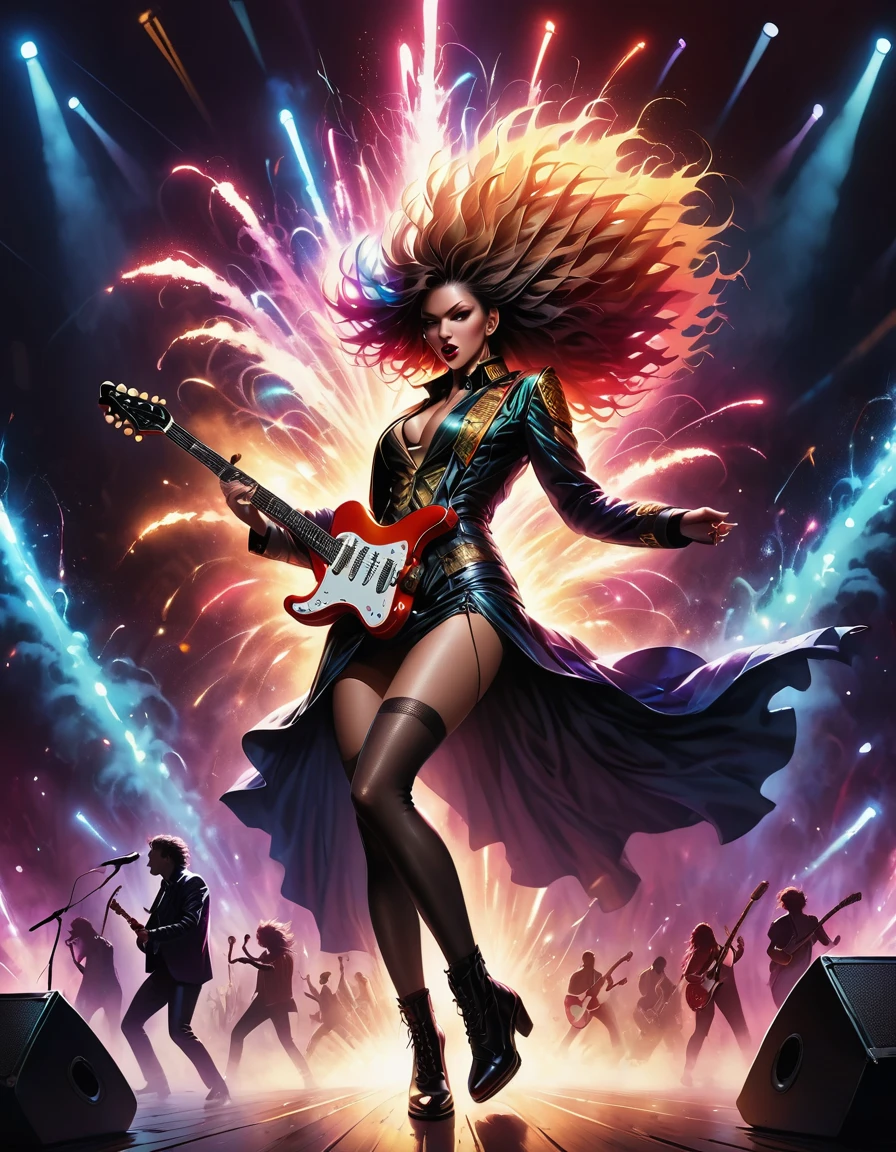 (best quality,4K,8K,high resolution,masterpiece:1.2),Super detailed,(actual,photoactual,photo-actual:1.37),rock star,singer,Guitar,Uniform,Black,tight,golden accents,spacewalk,hysterical singing,Stage lighting,rebellious,glitch art,bright colors,Energetic performance,electric atmosphere,loud music,screaming fans,Huge speakers,Fiery explosion,dynamic poses,Smoke and fog effects,expressive face,rotating lights,Flash,dark background,edgy style,wild hair,microphone stand,Guitar声音失真,rock music,Celebrity,电Guitar独奏,huge concert stage,strut on stage,Condescending,Emotional intensity,Loud and heavy drum beat,Electric energy,Stage fireworks,Powerful vocal performance,the stadium has a full crowd,thousands of fans,Roaring crowd,flash,electric atmosphere,sweaty and Energetic performance,legendary figures,Acting skills,standing ovation