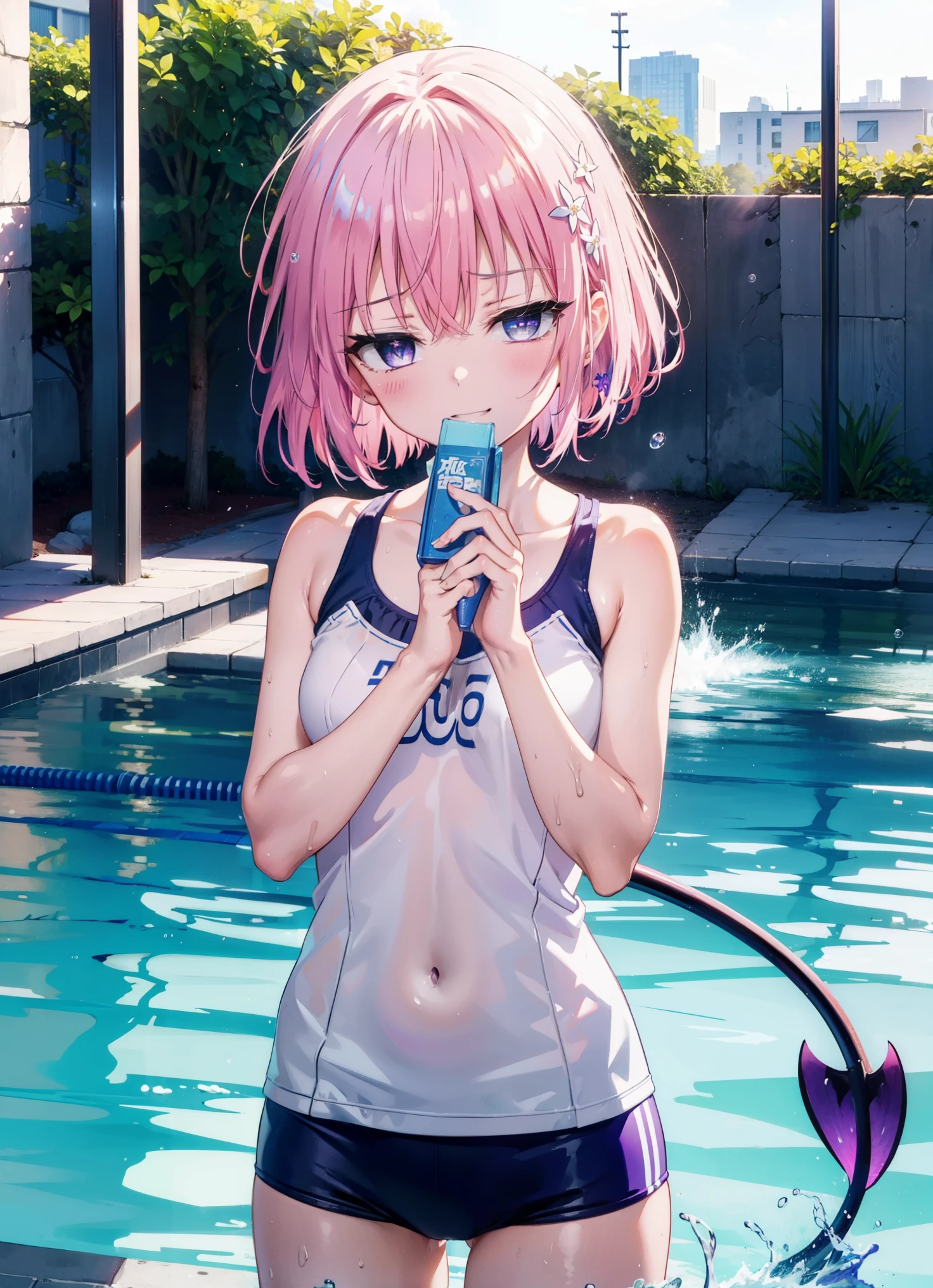 momomodel Building Uke, Deviluke type, demon tail, hair flower, hair ornaments, (purple eyes:1.1), pink hair, short hair, tail, smile,happy smile, smile, open your mouth,
break demon tail, green , school swimwear,wet hair,wet skin,barefoot,noon,sunny,
break ourdoors, School　pool,
break looking at viewer, (cowboy shot:1.5),
break (masterpiece:1.2), highest quality, High resolution, unity 8k wallpaper, (shape:0.8), (beautiful detailed eyes:1.6), extremely detailed face, perfect lighting, extremely detailed CG, (perfect hands, perfect anatomy),