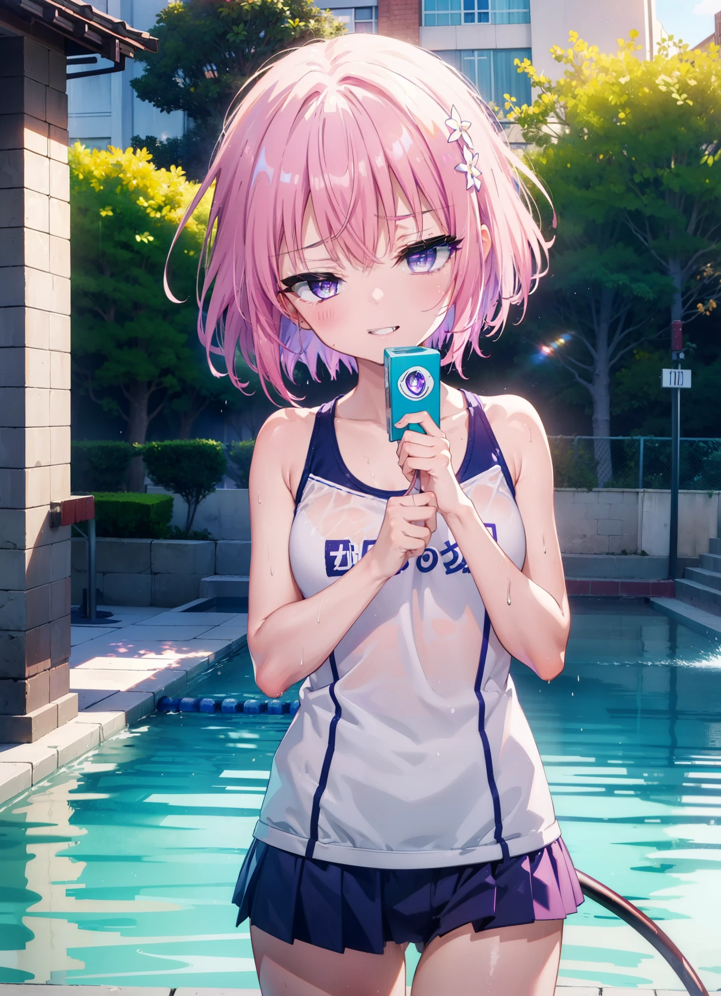 momomodel Building Uke, Deviluke type, demon tail, hair flower, hair ornaments, (purple eyes:1.1), pink hair, short hair, tail, smile,happy smile, smile, open your mouth,
break demon tail, green , school swimwear,wet hair,wet skin,barefoot,noon,sunny,
break ourdoors, School　pool,
break looking at viewer, (cowboy shot:1.5),
break (masterpiece:1.2), highest quality, High resolution, unity 8k wallpaper, (shape:0.8), (beautiful detailed eyes:1.6), extremely detailed face, perfect lighting, extremely detailed CG, (perfect hands, perfect anatomy),