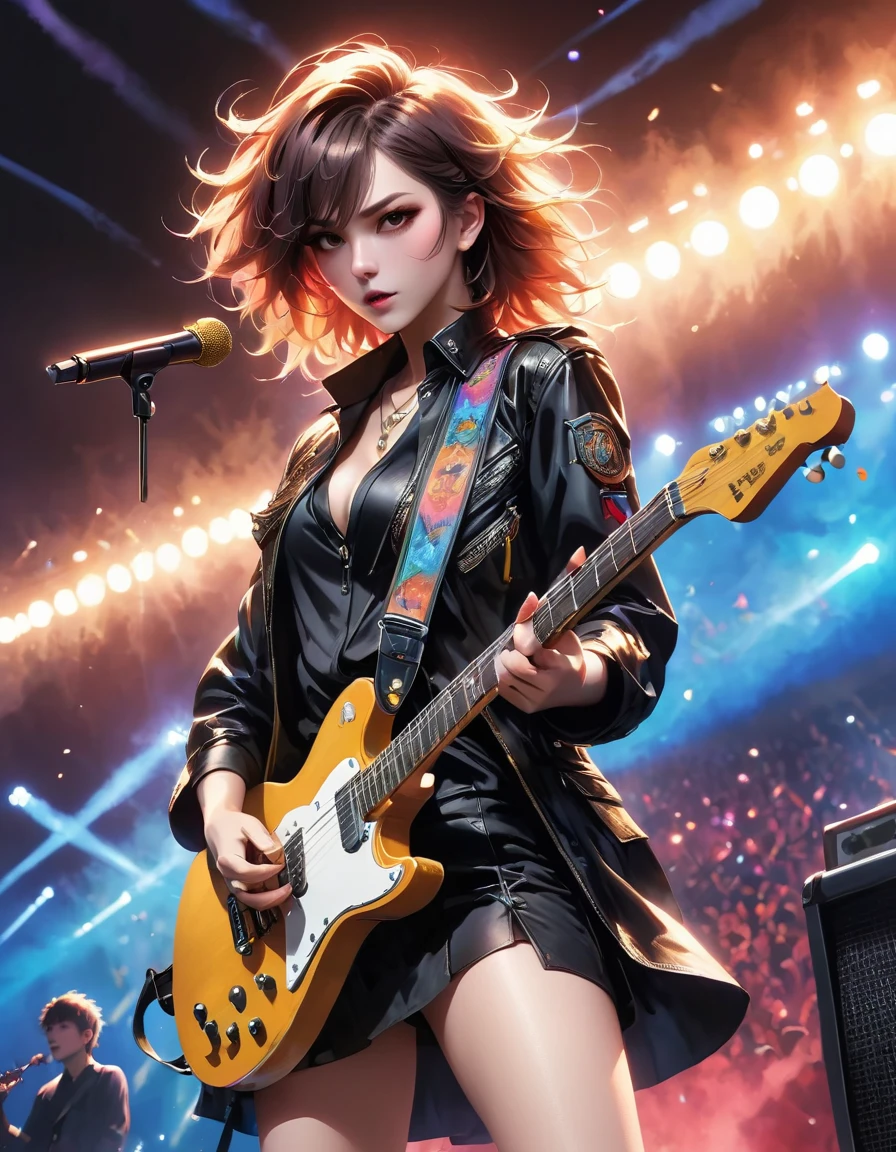 (best quality,4K,8K,high resolution,masterpiece:1.2),Super detailed,(actual,photoactual,photo-actual:1.37),rock star,singer,Guitar,Uniform,Black,tight,golden accents,spacewalk,hysterical singing,Stage lighting,rebellious,glitch art,bright colors,Energetic performance,electric atmosphere,loud music,screaming fans,Huge speakers,Fiery explosion,dynamic poses,Smoke and fog effects,expressive face,rotating lights,Flash,dark background,edgy style,wild hair,microphone stand,Guitar声音失真,rock music,Celebrity,电Guitar独奏,huge concert stage,strut on stage,Condescending,Emotional intensity,Loud and heavy drum beat,Electric energy,Stage fireworks,Powerful vocal performance,the stadium has a full crowd,thousands of fans,Roaring crowd,flash,electric atmosphere,sweaty and Energetic performance,legendary figures,Acting skills,standing ovation