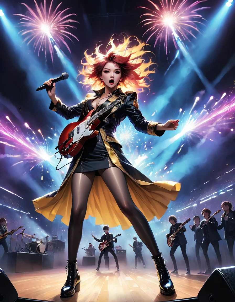(best quality,4K,8K,high resolution,masterpiece:1.2),Super detailed,(actual,photoactual,photo-actual:1.37),rock star,singer,Guitar,Uniform,Black,tight,golden accents,spacewalk,hysterical singing,Stage lighting,rebellious,glitch art,bright colors,Energetic performance,electric atmosphere,loud music,screaming fans,Huge speakers,Fiery explosion,dynamic poses,Smoke and fog effects,expressive face,rotating lights,Flash,dark background,edgy style,wild hair,microphone stand,Guitar声音失真,rock music,Celebrity,电Guitar独奏,huge concert stage,strut on stage,Condescending,Emotional intensity,Loud and heavy drum beat,Electric energy,Stage fireworks,Powerful vocal performance,the stadium has a full crowd,thousands of fans,Roaring crowd,flash,electric atmosphere,sweaty and Energetic performance,legendary figures,Acting skills,standing ovation