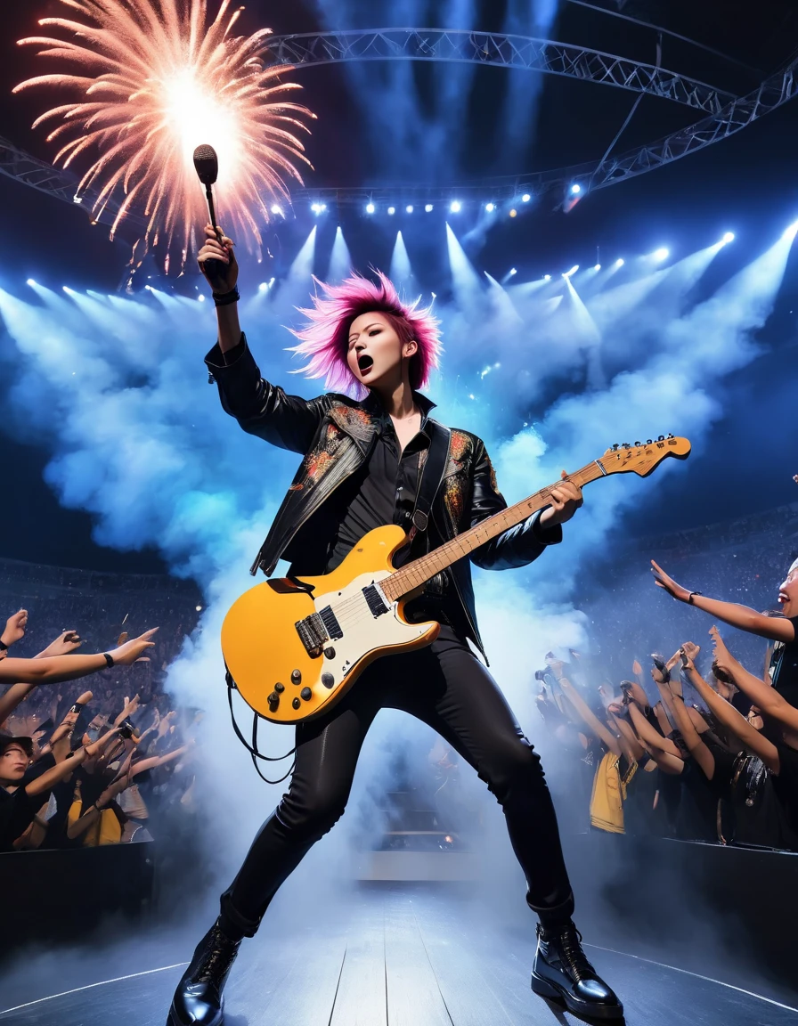 (best quality,4K,8K,high resolution,masterpiece:1.2),Super detailed,(actual,photoactual,photo-actual:1.37),rock star,singer,Guitar,Uniform,Black,tight,golden accents,spacewalk,hysterical singing,Stage lighting,rebellious,glitch art,bright colors,Energetic performance,electric atmosphere,loud music,screaming fans,Huge speakers,Fiery explosion,dynamic poses,Smoke and fog effects,expressive face,rotating lights,Flash,dark background,edgy style,wild hair,microphone stand,Guitar声音失真,rock music,Celebrity,电Guitar独奏,huge concert stage,strut on stage,Condescending,Emotional intensity,Loud and heavy drum beat,Electric energy,Stage fireworks,Powerful vocal performance,the stadium has a full crowd,thousands of fans,Roaring crowd,flash,electric atmosphere,sweaty and Energetic performance,legendary figures,Acting skills,standing ovation