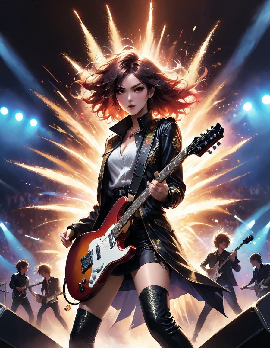 (best quality,4K,8K,high resolution,masterpiece:1.2),Super detailed,(actual,photoactual,photo-actual:1.37),rock star,singer,Guitar,Uniform,Black,tight,golden accents,spacewalk,hysterical singing,Stage lighting,rebellious,glitch art,bright colors,Energetic performance,electric atmosphere,loud music,screaming fans,Huge speakers,Fiery explosion,dynamic poses,Smoke and fog effects,expressive face,rotating lights,Flash,dark background,edgy style,wild hair,microphone stand,Guitar声音失真,rock music,Celebrity,电Guitar独奏,huge concert stage,strut on stage,Condescending,Emotional intensity,Loud and heavy drum beat,Electric energy,Stage fireworks,Powerful vocal performance,the stadium has a full crowd,thousands of fans,Roaring crowd,flash,electric atmosphere,sweaty and Energetic performance,legendary figures,Acting skills,standing ovation