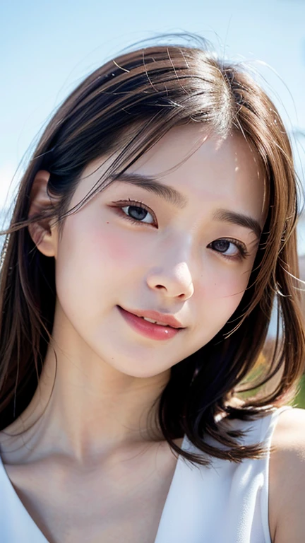 With the alleys of Kyoto in the background、18 year old girl、independent、facing forward、Light eye makeup、brown hair color、Flat 、hair blowing in the wind、quality of actress、shiny, super realistic face、smileの表情、Moist eyes、look up、calming lighting effect、 ultra-realistic capture、very detailed、High resolution 16K close-up of human skin。Skin texture must be natural、Must be detailed enough to see pores、skin is healthy、Must be even tone、Use natural light and color、High quality photos taken by a modeling agency&#39;Exclusive photographer、smile