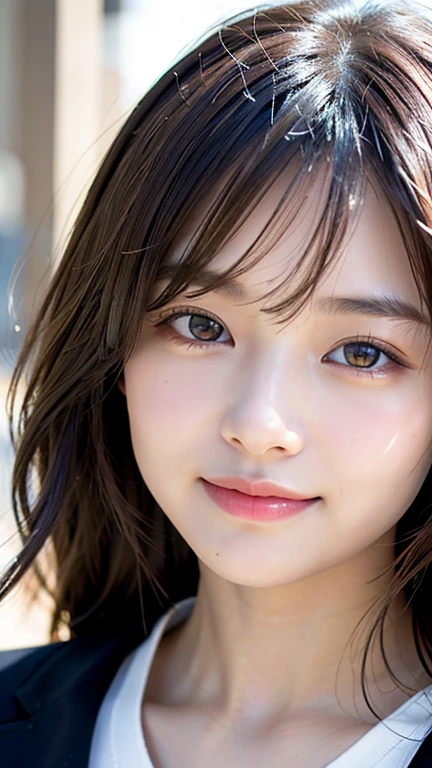 With the alleys of Kyoto in the background、18 year old girl、independent、facing forward、Light eye makeup、brown hair color、Flat 、hair blowing in the wind、quality of actress、shiny, super realistic face、smileの表情、Moist eyes、look up、calming lighting effect、 ultra-realistic capture、very detailed、High resolution 16K close-up of human skin。Skin texture must be natural、Must be detailed enough to see pores、skin is healthy、Must be even tone、Use natural light and color、High quality photos taken by a modeling agency'Exclusive photographer、smile