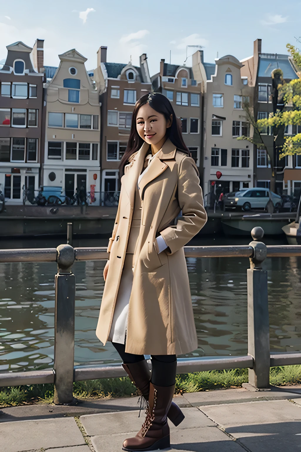 The beautiful 24 year old Indonesian woman wore a coat and high boots that matched perfectly. standing gracefully smiling sweetly and gently, perfect face. near the water with buildings in the background, mai anh tran, inspired by Ruth JÃªn, gemma chen, with figures in the background, ð¤¬ ð¤® ð ð, amsterdam, mixed arts, wenfei ye, in the background, taken on 2 0 2 0, on a sunny day