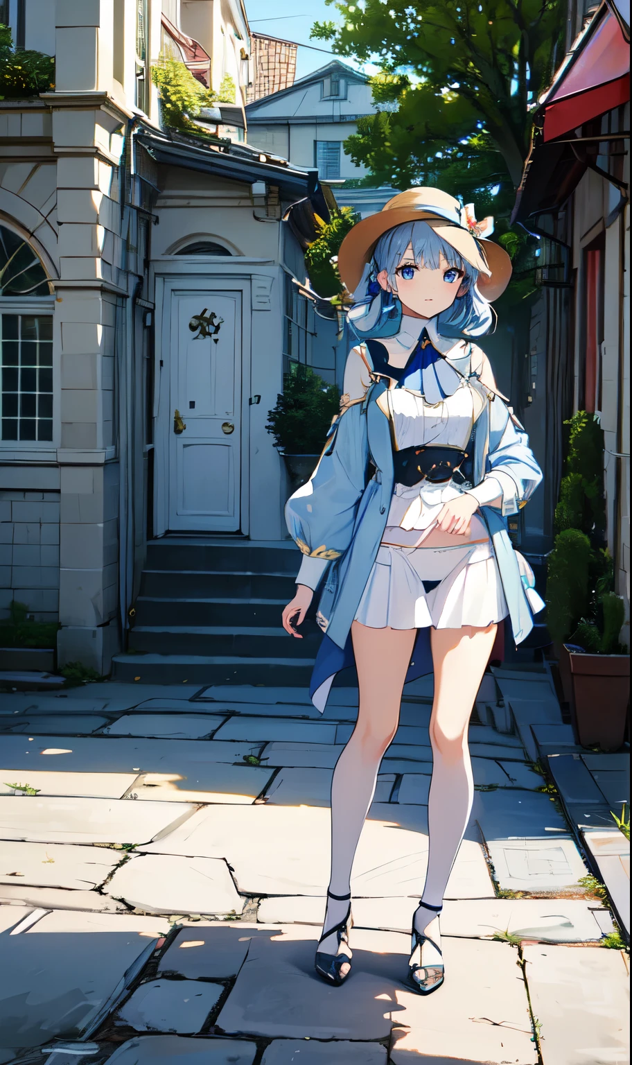 (masterpiece, best quality, ultra-detailed, highres), perfect face, sidelighting, lustrous skin, standing,
(bloom), (shine), lighting, ray tracing, sci-fi, city, street, outdoor, depth_of_field,
blue eyes , high heels, whirlwind of water, hair ornament, bangs, light blue hair, butterfly hair ornament, kamisato, kamisato ayaka \(heytea\),   hat, single hair ring, ((white panties underskirt))