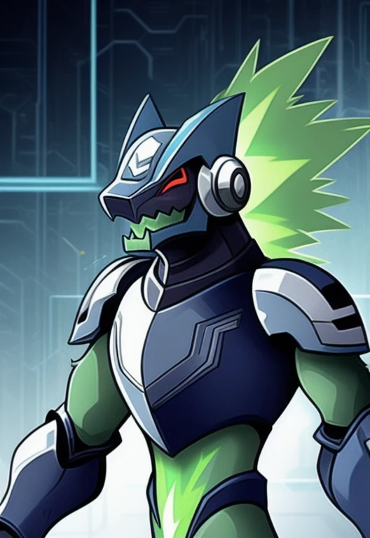 omega-xis, detailed eyes, bottomless, bottomless anthro, bottomless male, brachioradialis, clothed, clothing, crossbar emanata, cybernetic arm, cybernetic chest, cybernetic head, cybernetic limb, electric body, emanata, energy, energy body, eyes closed, flexor carpi, floating, glistening, glistening armor, glistening armwear, glistening bracers, glistening breastplate, glistening clothing, glistening headgear, glistening helmet, glistening pauldron, glistening topwear, glistening wristwear, green body, green electricity, green energy, green mouth, grey armor, grey armwear, grey breastplate, grey clothing, grey headwear, grey helmet, grey pauldron, headgear, headwear, helmet, looking away, legless, light armor, light armwear, light body, light bracers, light breastplate, light headwear, light helmet, light mouth, light pauldron, light topwear, light wristwear, male, male anthro, monotone body, monotone bracers, monotone mouth, monotone wristwear, multicolored armor, multicolored armwear, multicolored clothing, multicolored headwear, multicolored topwear, pose, red eyes, slim anthro, slim male, solo, three-quarter view, toony, topwear, triceps, two tone armor, two tone armwear, two tone breastplate, two tone clothing, two tone headwear, two tone helmet, two tone pauldron, two tone topwear, detailed background, white clothing, white topwear, transparent body, nj5furry
