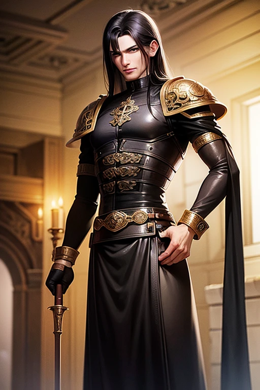 Male human, caucasian, slim, toned, long black hair, hazel-green eyes. Wearing ornate black leather armor. A pair of scimitars hang from his belt in ornate sheathes. A furred cloak hangs over his shoulders.