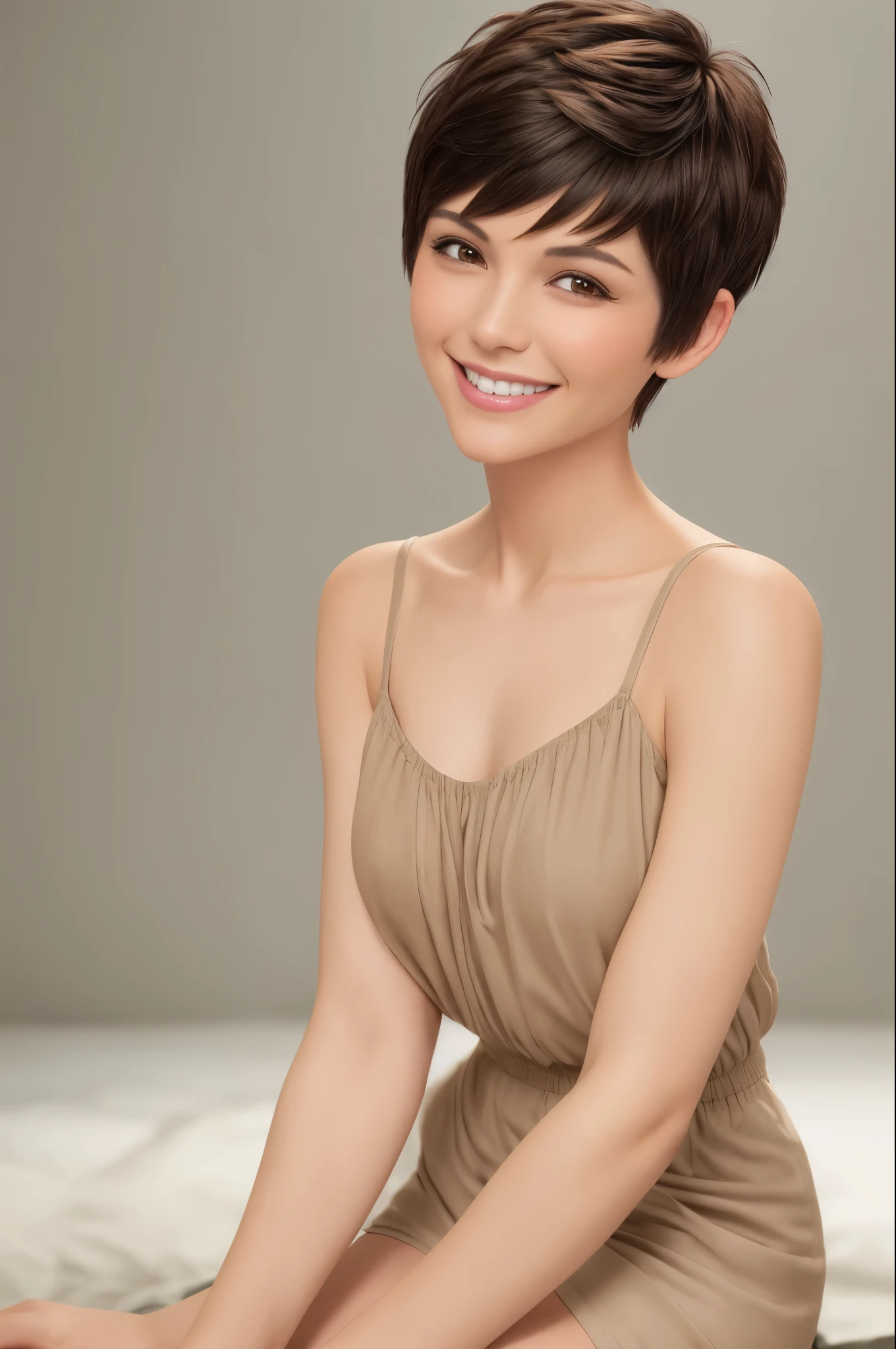 Very short pixie cut brown hair smile