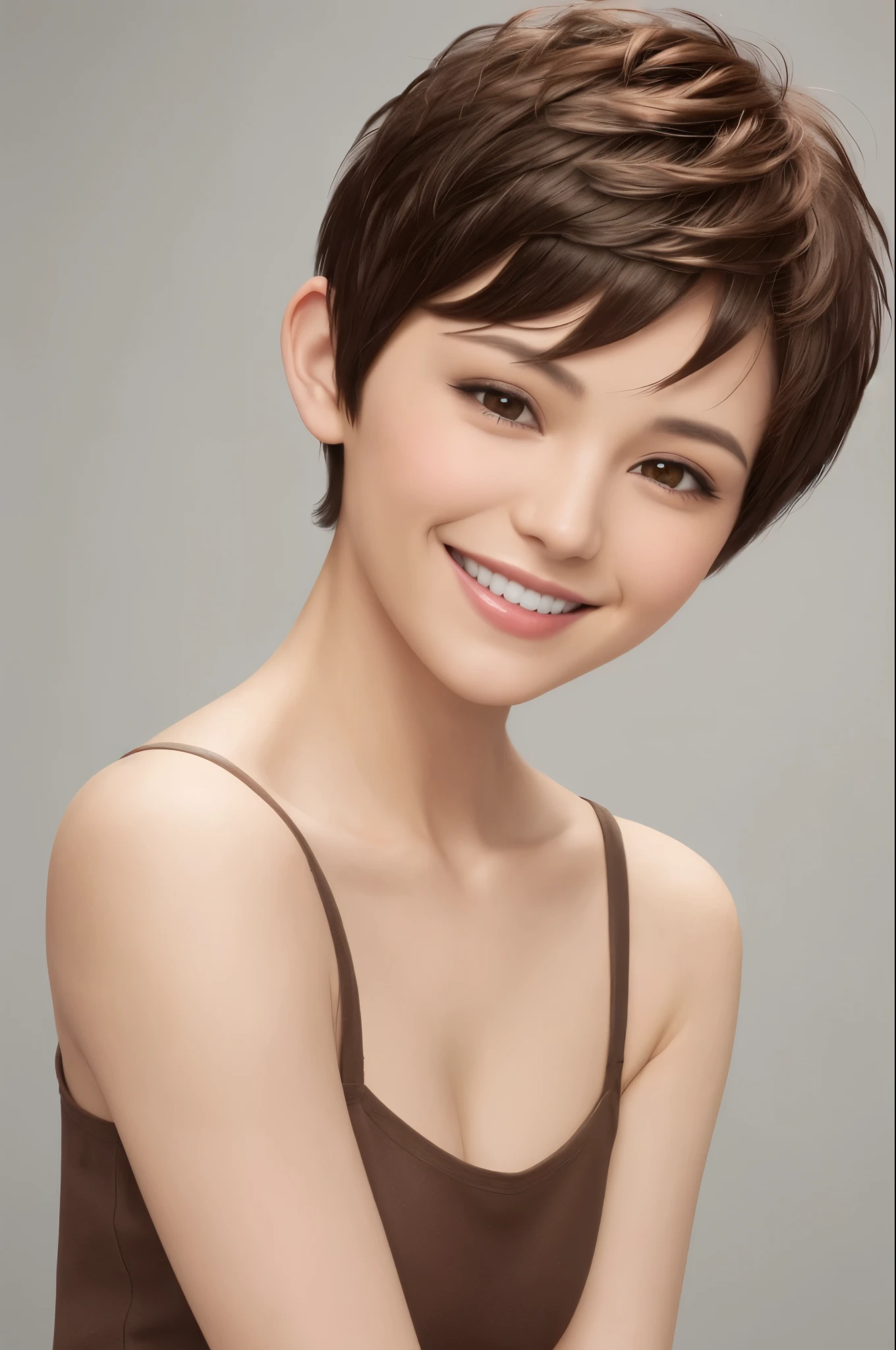 Very short pixie cut brown hair smile