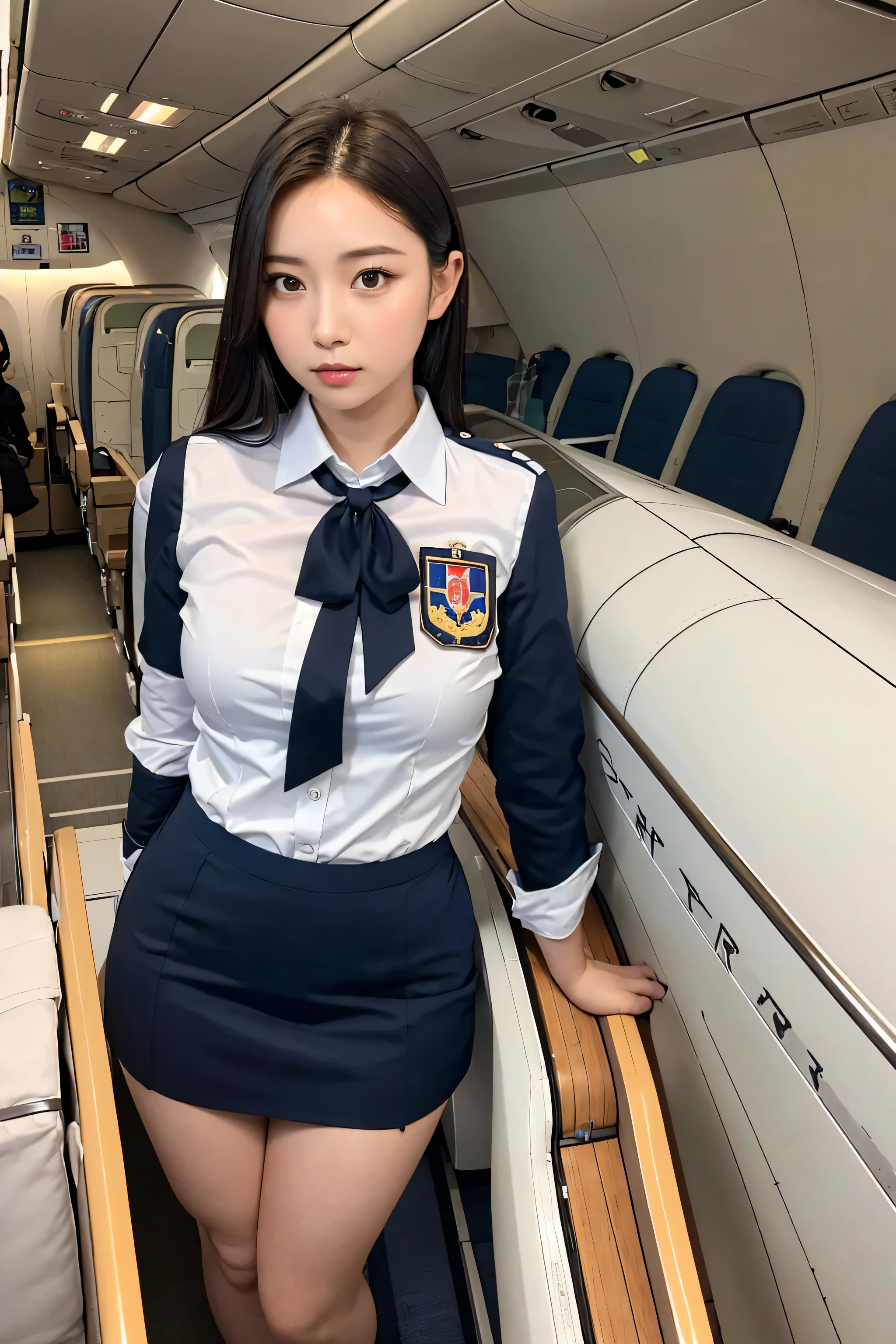 highest quality, masterpiece, 8K, ultra high resolution, (realistic: 1.4), 1 girl, beautiful face, symmetrical eyes, big, perfect body proportions, stewardess uniform, Viewer&#39;s line of sight, (inside the plane: 1.2), Front view, Shoulder jumps, Absolute area (1.3),