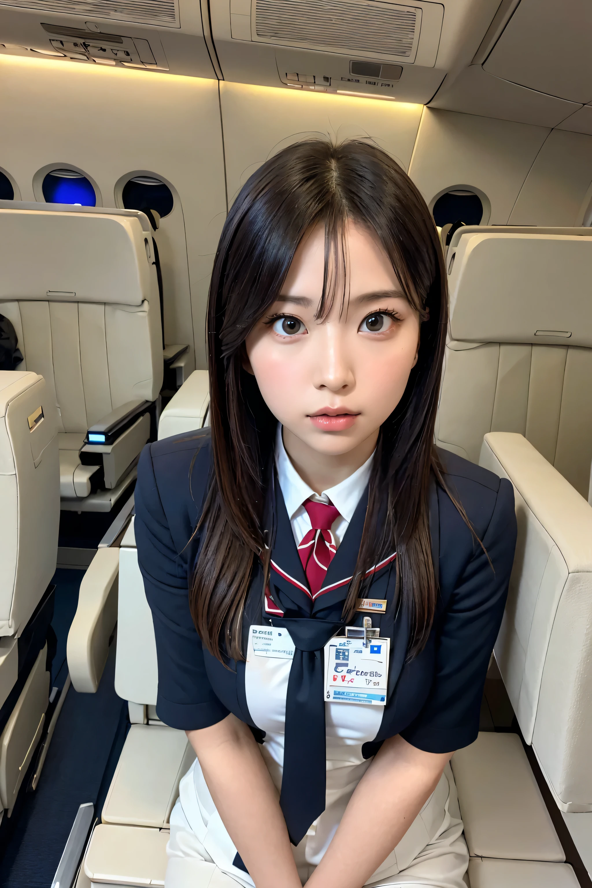 highest quality, masterpiece, 8K, ultra high resolution, (realistic: 1.4), 1 girl, beautiful face, symmetrical eyes, big, perfect body proportions, stewardess uniform, Viewer&#39;s line of sight, (inside the plane: 1.2), Front view, Shoulder jumps, Absolute area (1.3),