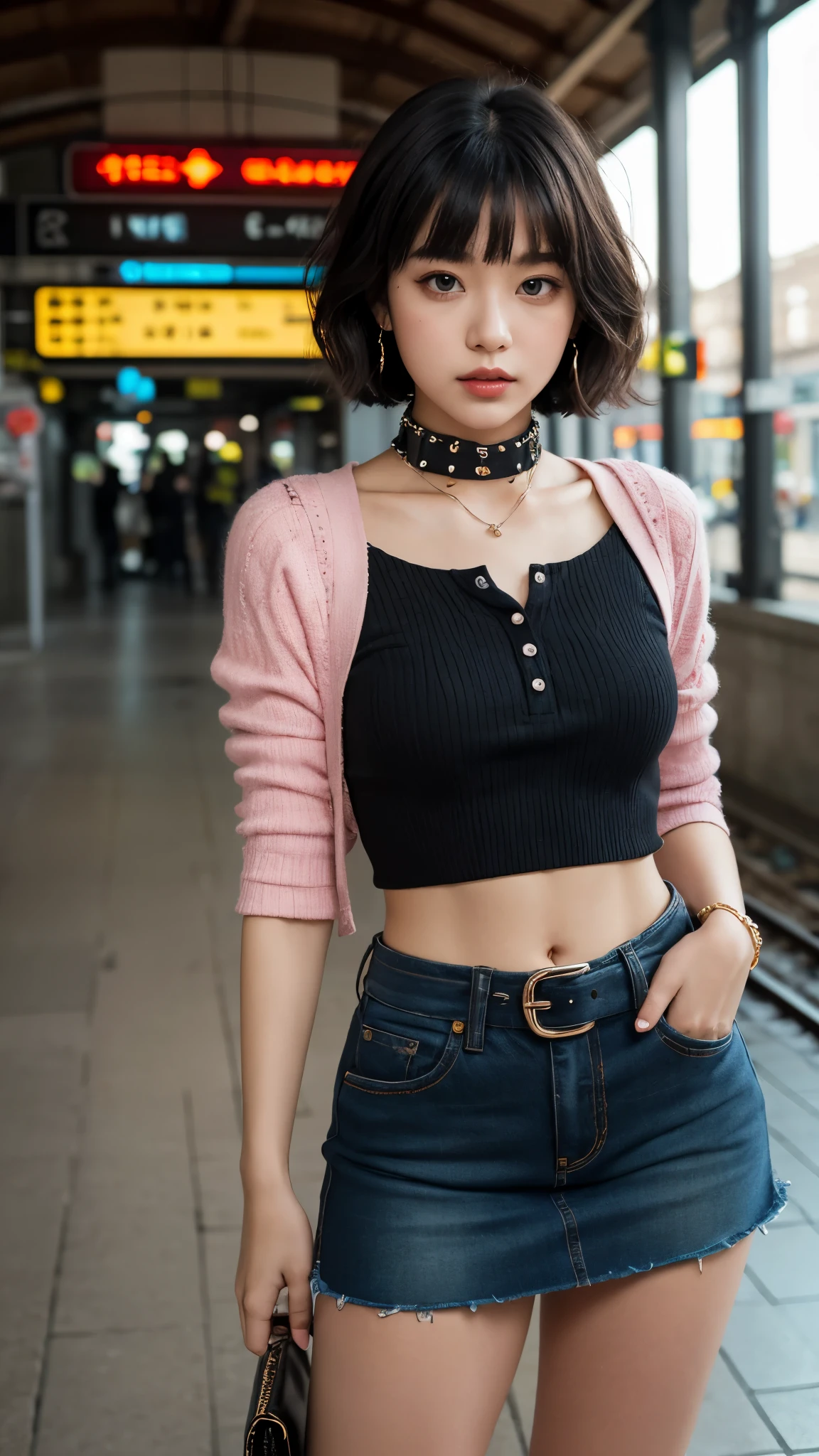 (Ultra-detailed eyes), (((textile shading))), (((Best Quality))), (((masterpiece))), (((Ultra realistic))), fat, sassy girl, street girl, black short hair with bangs, Emo Pin up Girl, pink bow top, mini skirt, ribbed hand warmers, chocker, studded checker belt, bat earrings y2k edition, black and pink outfit colors, Striking a pose, natural make up, skinny fat innocent, in a haunted rail station, heavenly, midshot, centered image, good girl, innocent girl, front look