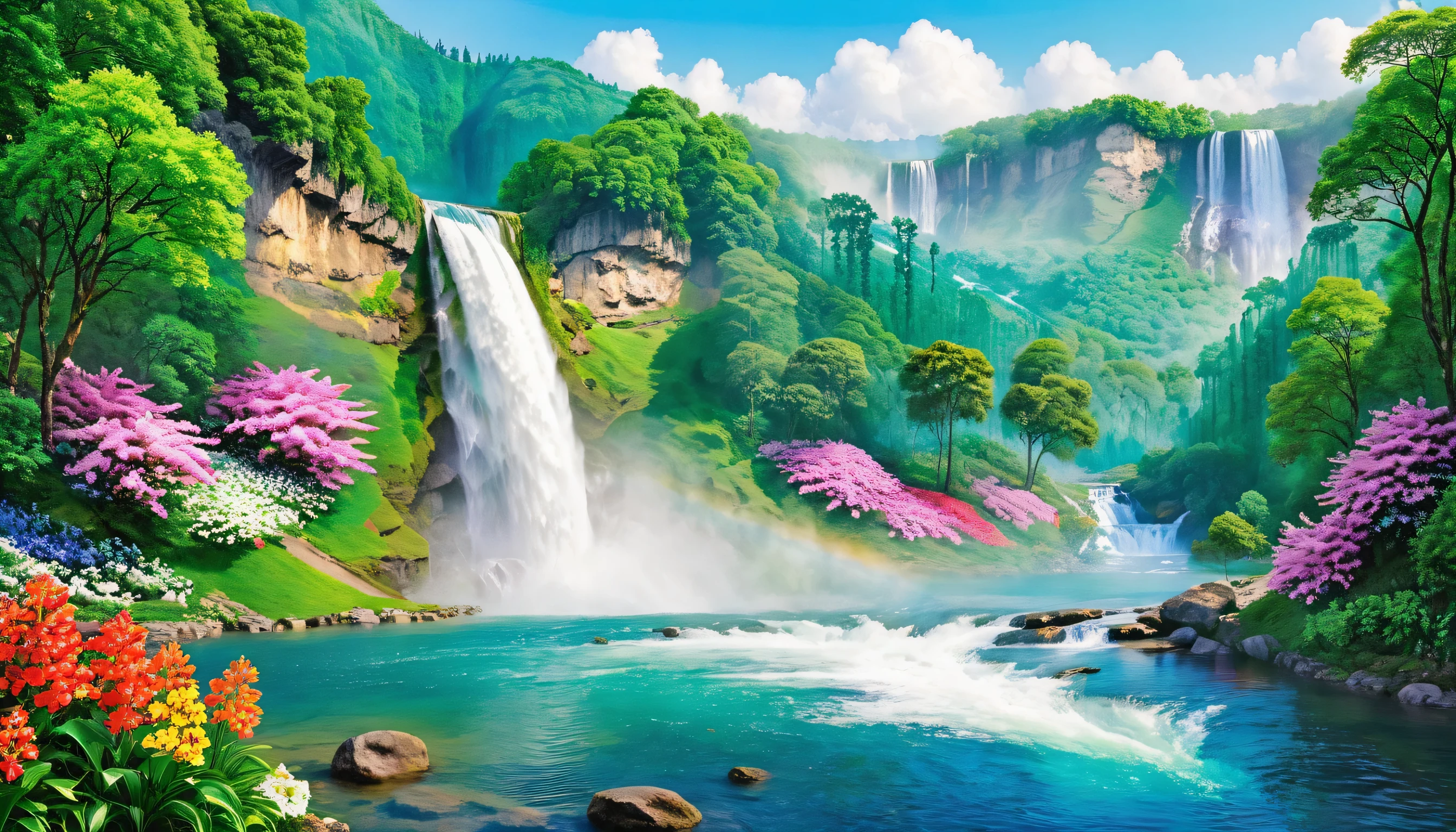 a painting of a waterfall in a lush green forest with flowers, flowers and waterfalls, very beautiful scenery, very very beautiful scenery, very very very beautiful scenery, the most beautiful landscape, stunning nature in background, beatiful backgrounds, natural landscape beauty, majestic nature scenery, nature in all its beauty, beautiful environment, really beautiful nature, incredibly beautiful, nature scenery