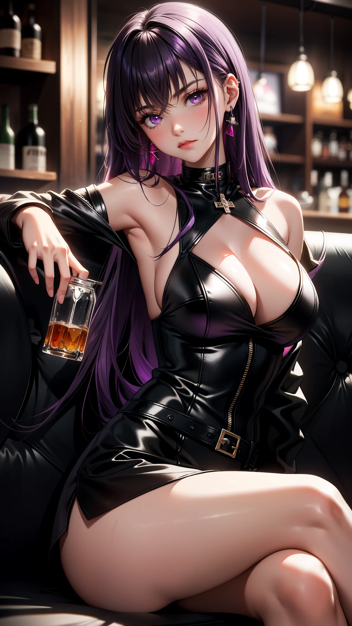 (best quality:1.1), (Masterpiece:1.2), High quality shadow, beautiful details, Beautiful face, Detailed eyes, depth of field, high resolution, best shadow, best light, 1 girl, see the audience, shiny purple hair, smooth, blunt, long hair, ruby pink eyes, shy, Very big breasts, pump, (White singlet), (black leather jacket), black leather skirt, table, glass, liquor bottle, night time, rift, Lonely eyes, pub bar background, sexy woman, cold, pov, Cool Woman ,ear jewelry, cross-legged sitting, sofa, (sullen), A few teeth are visible., big thighs, (Chest groove)