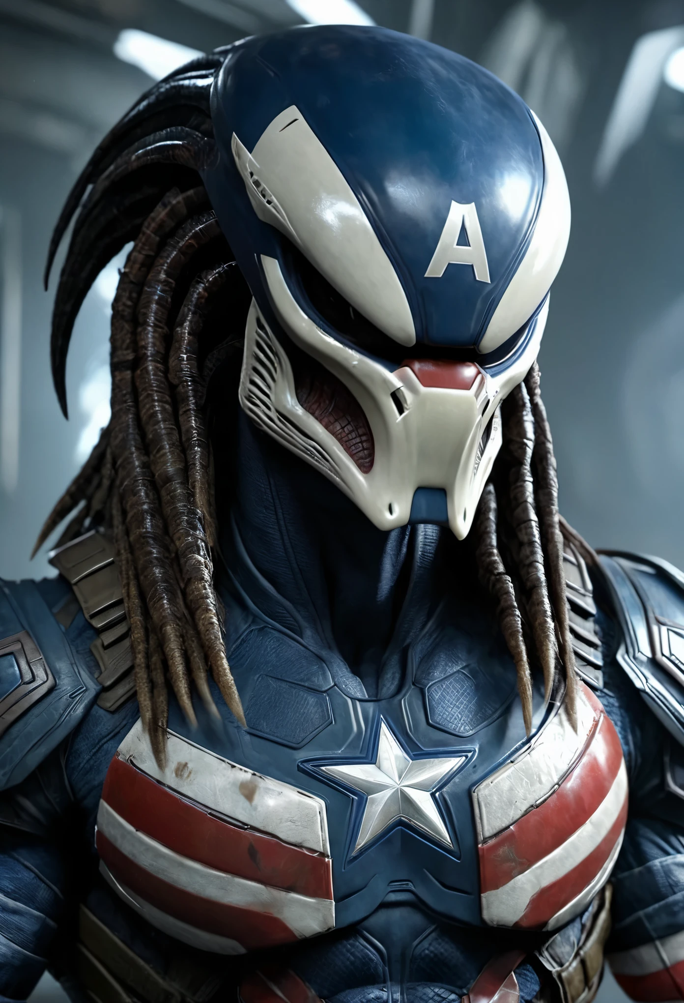 alien predator wearing Captain America suit clothing, solo, male, sharp teeth, upper body, looking at viewer, photorealistic, 8k, unreal engine, inspired by HR Giger, half body portrait, highly detailed,