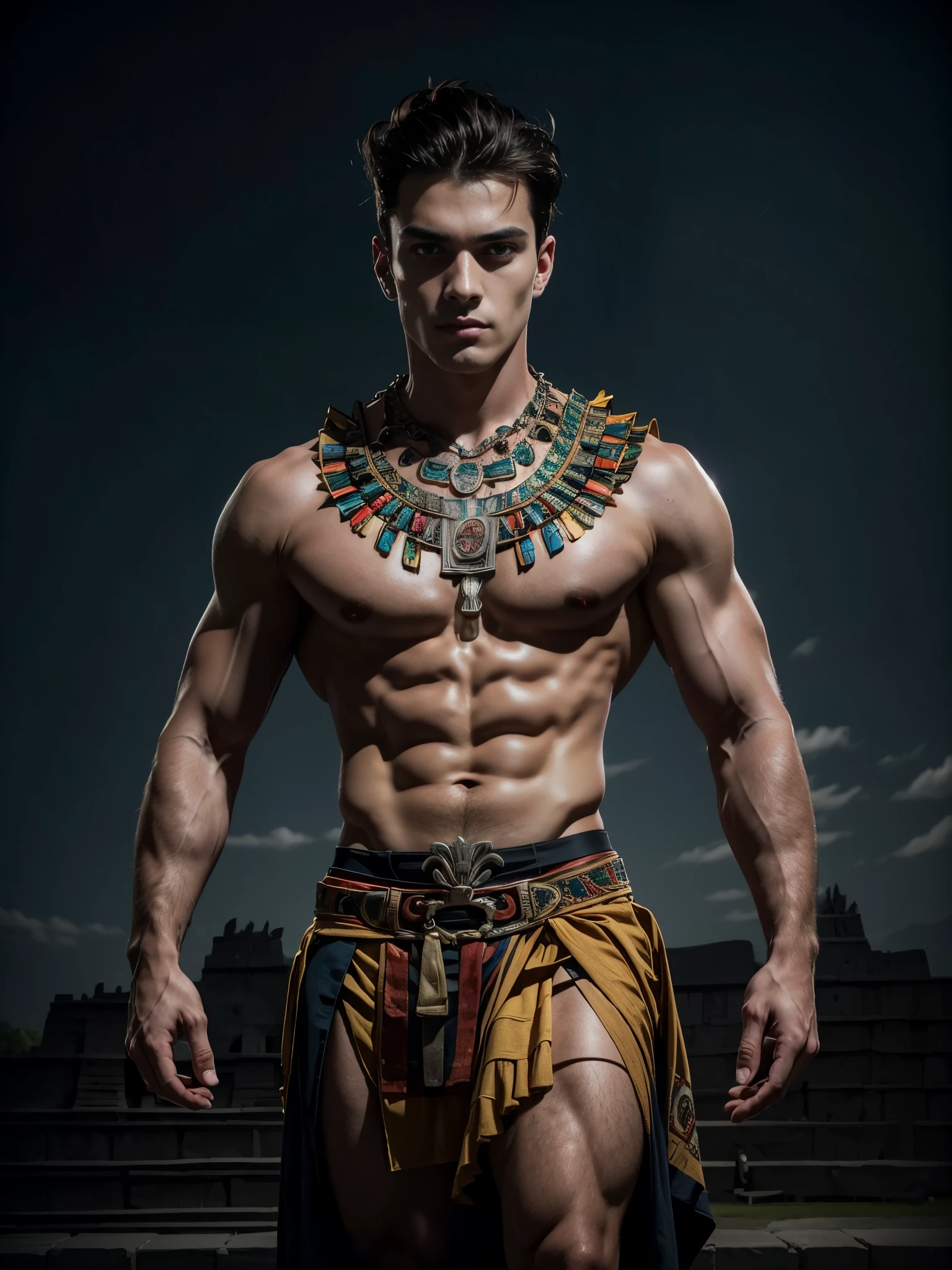 Photorealistic, mexican male model , ((best quality)), ((masterpiece)), (detailed),masculine portrait of young aztec god prince, 18-year-old male models, handsome, tall, cute looking, evil look, dark look, powerful, young male, handsome model, clean shave, green eyes. (short curly messy brown hair), messy curly hair, (short hair:1.4) strong, muscular, fit, massive muscles, six pack, shirtless, barechested, muscle, ripped, strong body, fit body, aztec neckless, aztec loincloth, (aztec draped cloth skirt), aztec garment, aztec pyramid in the background, (dark night background:1.2) (aztec temple:1.4), 8k, high detailed, ultra-detailed, Stylish Pose, real skin texture, dark cinematic lighting,