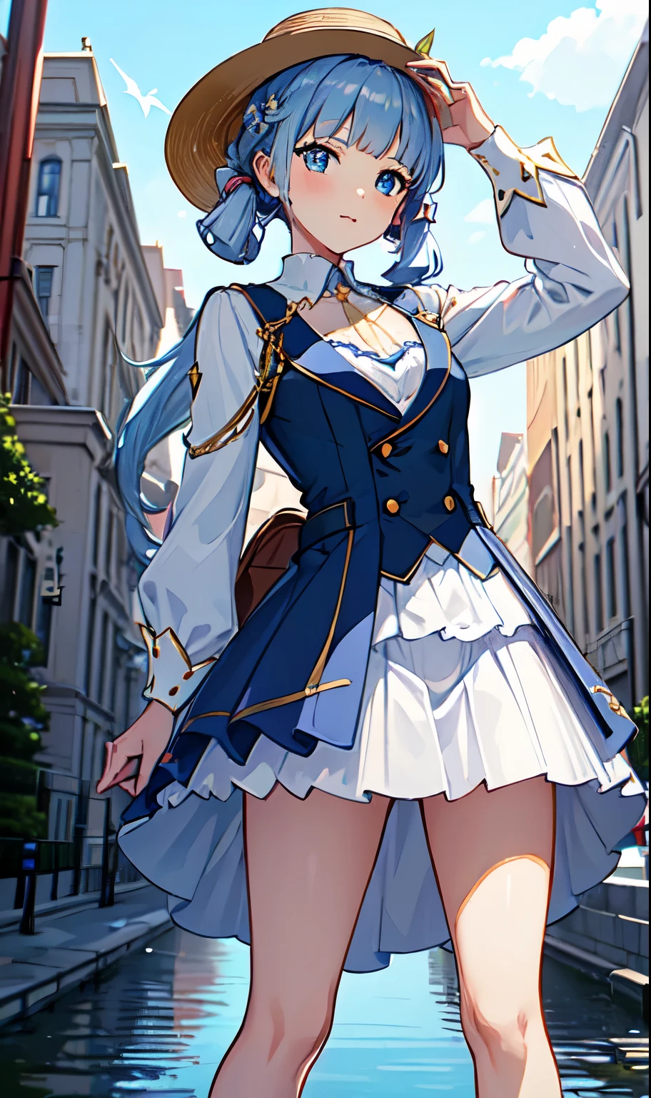 (masterpiece, best quality, ultra-detailed, highres), perfect face, sidelighting, lustrous skin, standing,
(bloom), (shine), lighting, ray tracing, sci-fi, city, street, outdoor, depth_of_field,
blue eyes , high heels, whirlwind of water, hair ornament, bangs, light blue hair, butterfly hair ornament, kamisato, kamisato ayaka \(heytea\),   hat, single hair ring, ((white panties underskirt))