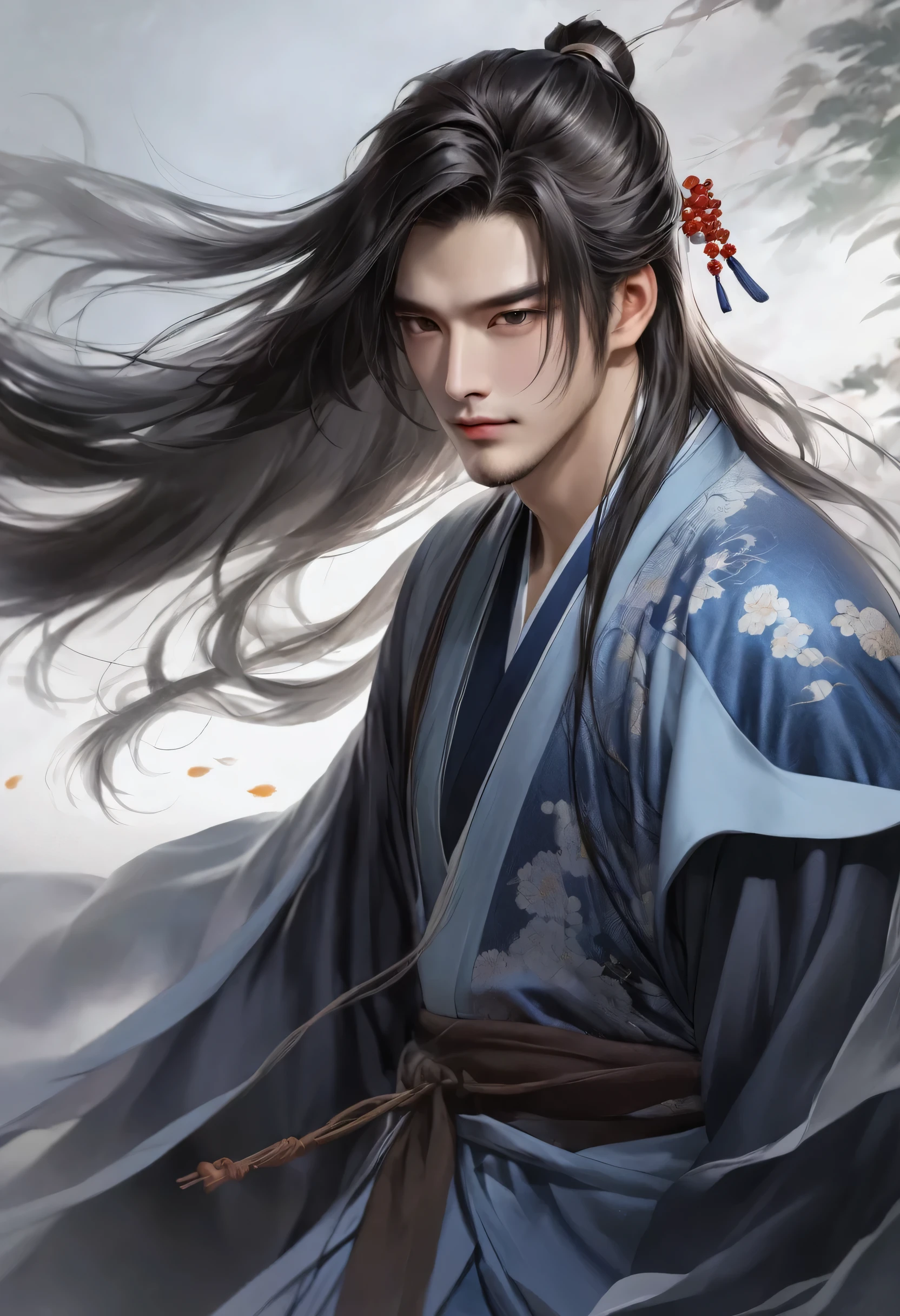 warrior,young man、long hair,Hanfu,robe,Handsome Face Shape,handsome man、lively、