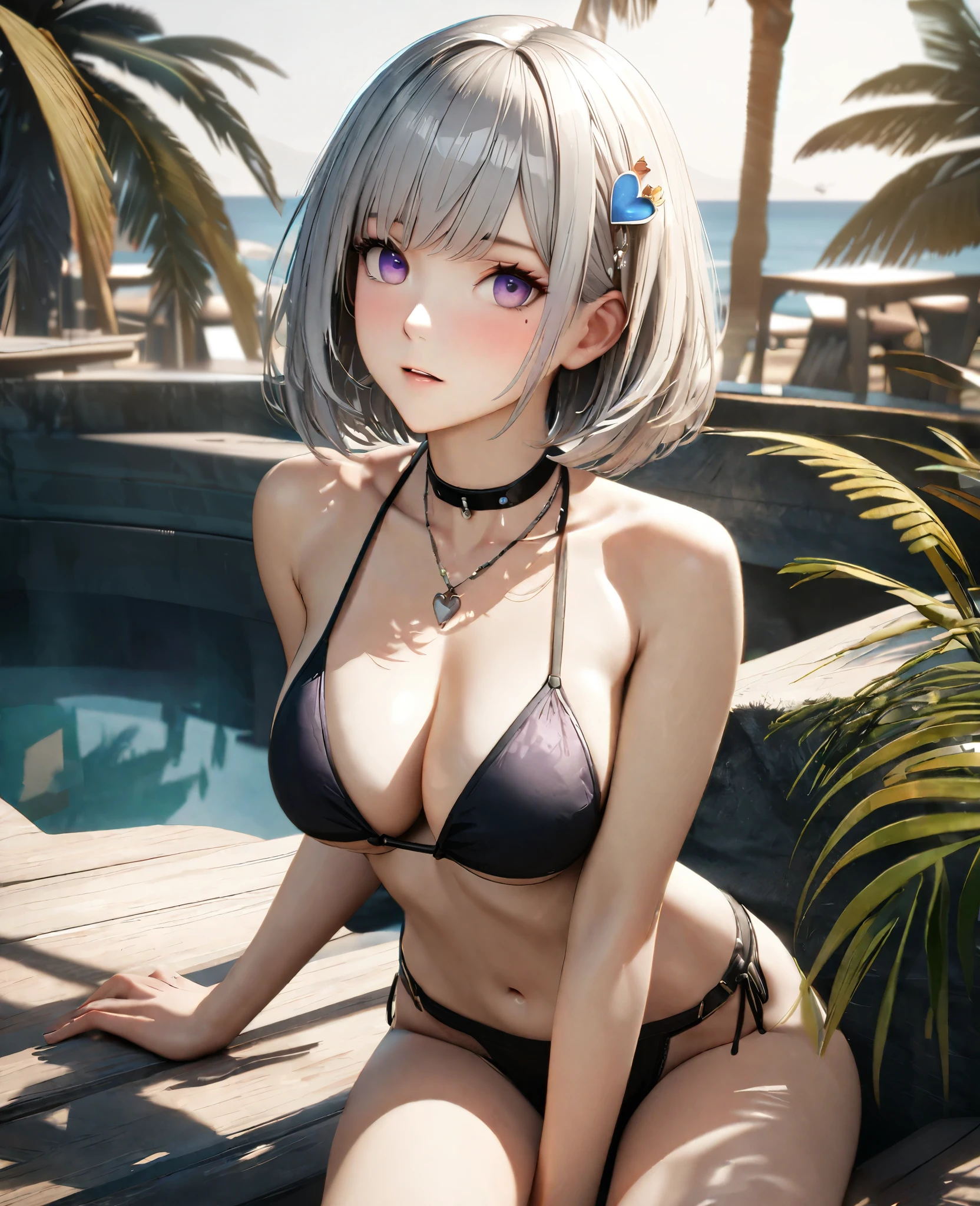 Masterpiece, Best Quality, Super Detailed, High Definition, Expensive Resolution, HDR, 4k, 8K, Unity 8k Wallpaper, Super Detailed CG, Masterpiece, Realistic, 2D, 3D, Beautiful Details, Depth, Fine Texture, Super Fine: 1.3, Full concentration, crispy skin, him, very cute anime girl, bikini, expensive silver short hair, one girl, palm tree, seaside, silver short hair, bikini,Big breasts, full body, mole under the eye, glance, expensive, blush, parted lips, hair ornament, heart, purple eyes, choker
