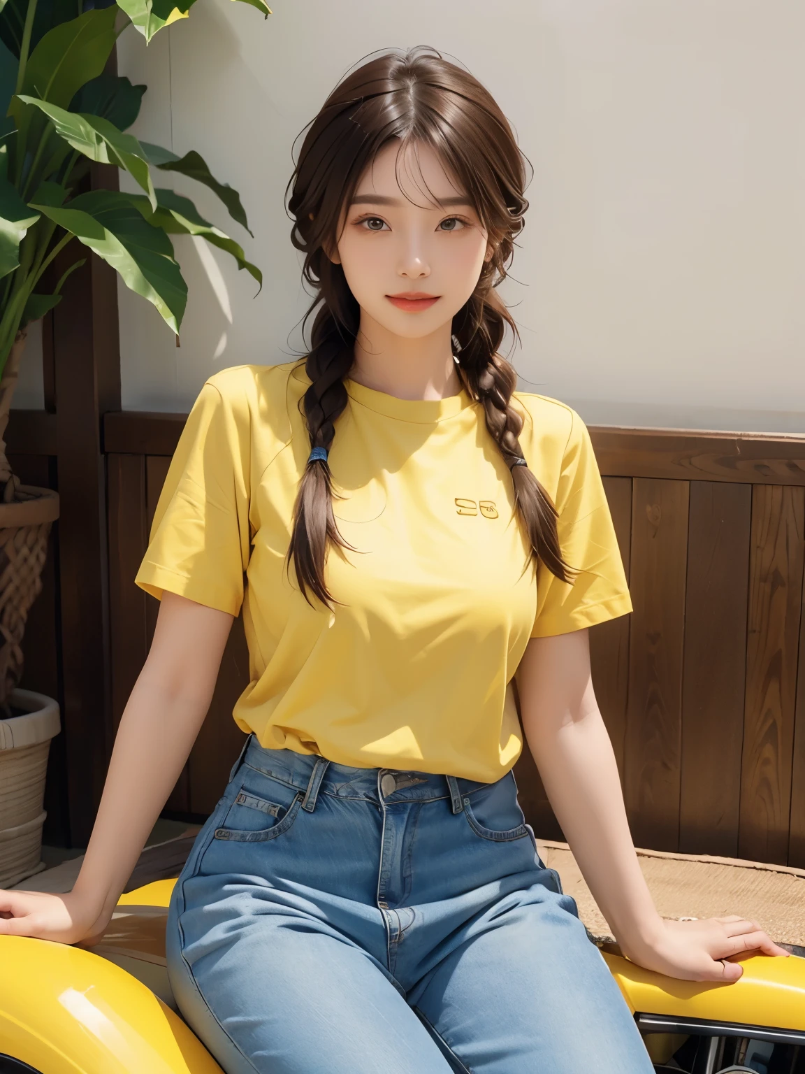 ((Best picture quality, 8K, tmasterpiece:1.3)),((1个Giant Breast Girl)),A small braid,Ultra-fine face,A detailed eye,ssmile,Small chest,Slender abs,Legs are very thin and long,The butt is upturned,((Yellow T-shirt,Black skinny jeans,Black leather shoes,Green wheat field in background)),