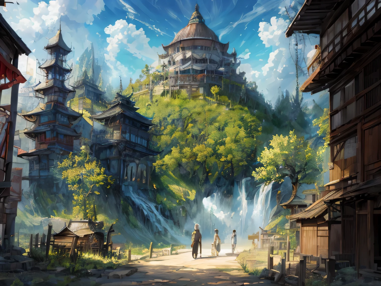 Beautiful landscape of the sanctuary, flores de cerejeira, pinheiros, anime arte de fundo, Japanese art style, linda cena de anime, detailed scenery - width 672, arte de fundo, paisagem de anime, fundo de anime, linda cena de animery, bela cena de paz em anime, arte de paisagem, Japan village, paisagem de anime concept art, 8k))