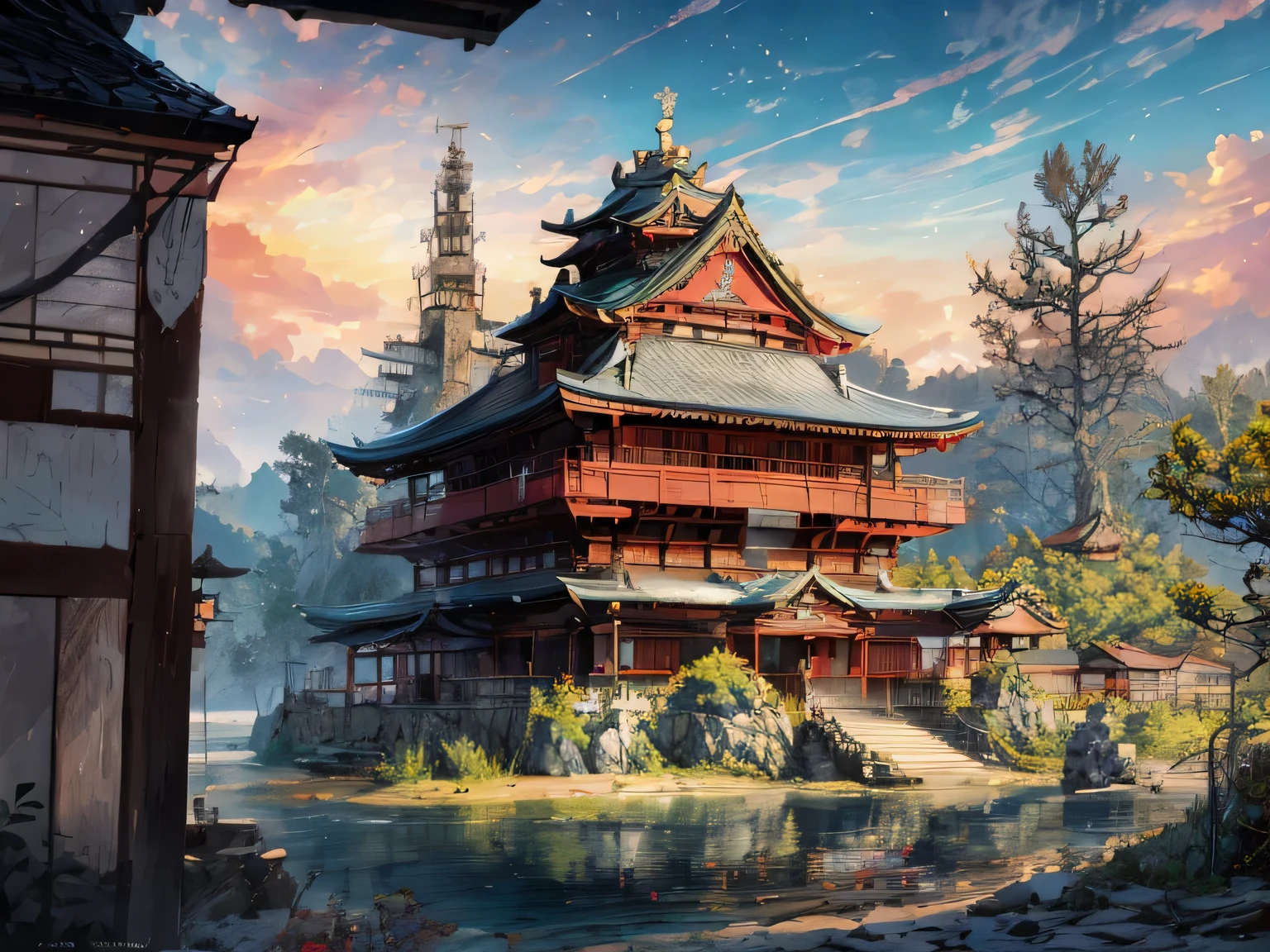 Beautiful landscape of the sanctuary, flores de cerejeira, pinheiros, anime arte de fundo, Japanese art style, linda cena de anime, detailed scenery - width 672, arte de fundo, paisagem de anime, fundo de anime, linda cena de animery, bela cena de paz em anime, arte de paisagem, Japan village, paisagem de anime concept art, 8k))