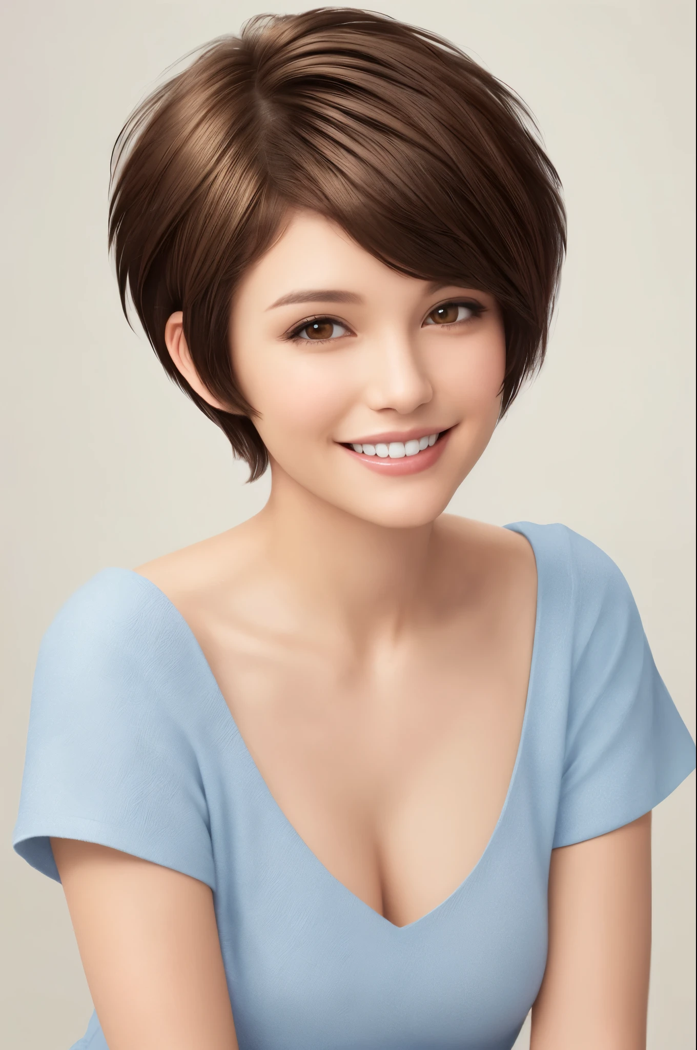 Very short pixie cut brown hair smile