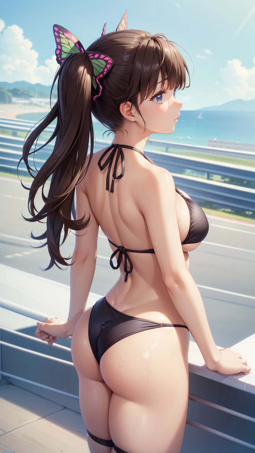 kano, side ponytail、long hair, bangs, black hair, (brown eyes:1.5、a girl,Butterfly hair ornament、a girl, brown hair, long hair, (((Blue high leg string bikini swim WEAR))), ((( racing circuit))), big parasol,highHEAL,(((plunging neckline, Revealing necklines))), (((racing car,))) race QUEEN, ((( View from behind)))
,super big breasts、Angle looking up from back,buttocks,masterpiece:1.2), highest quality, High resolution, unity 8k wallpaper, (figure:0.8), (detailed and beautiful eyes:1.6), highly detailed face, perfect lighting, Very detailed CG, (perfect hands, perfect anatomy),