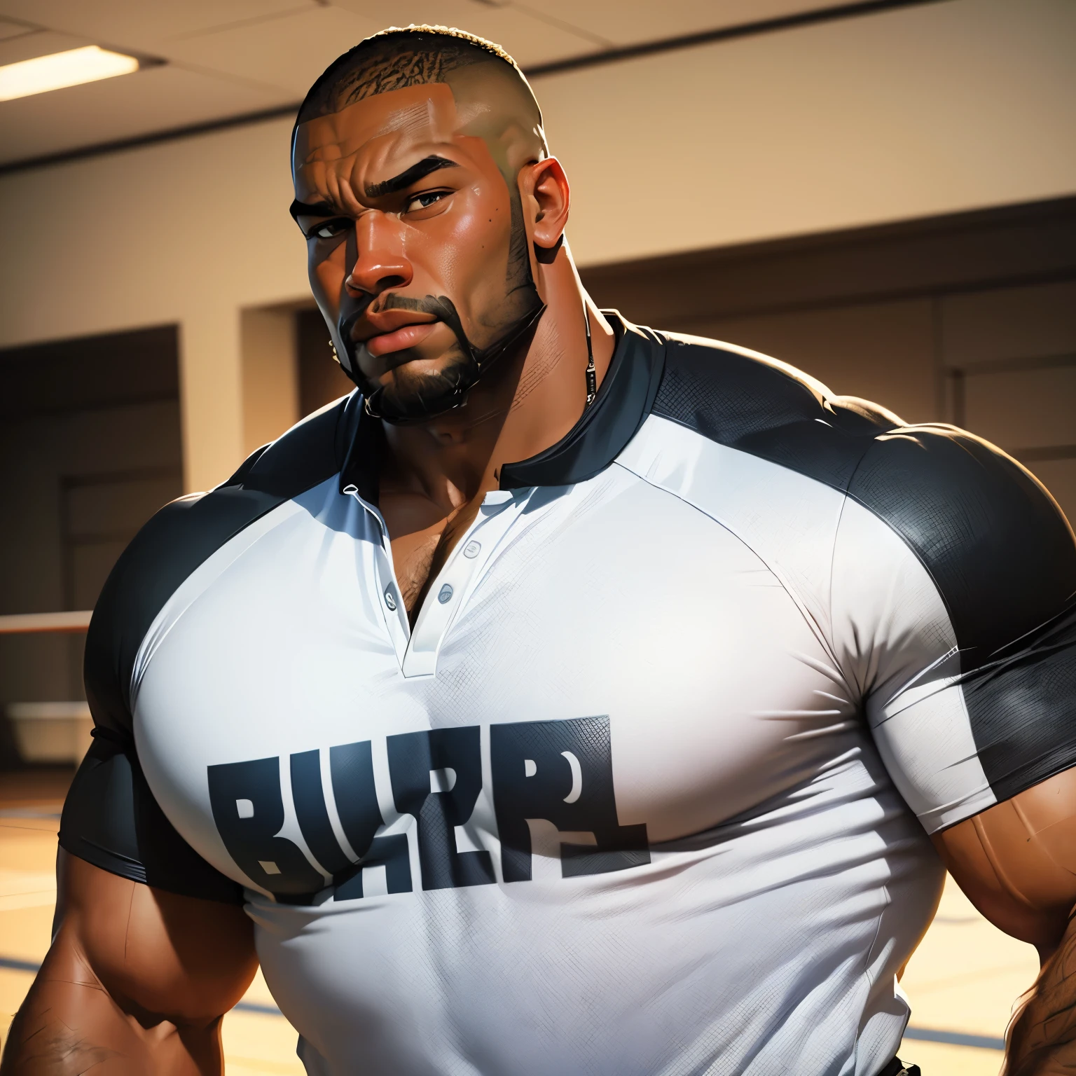 an exaggeratedly muscular and large bodyguard, beefy build, beard, dark-skinned african american male, buzzcut hair with square line, (gentle expression: 1.2), (wearing soccer uniform: 1.2), barely buttoned, team logo on shirt, (bara pecs: 1.3), (arm and chest hair: 1.1), portrait HD, dutch angle, (soccer field)
