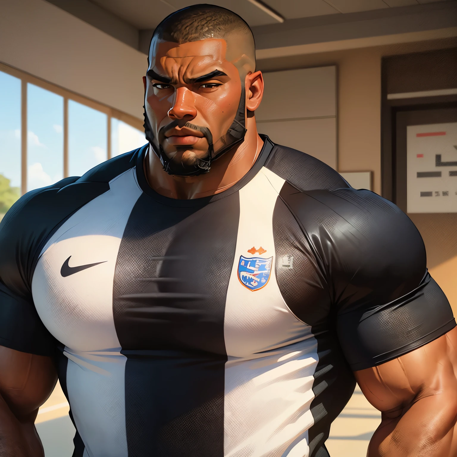 an exaggeratedly muscular and large bodyguard, beefy build, beard, dark-skinned african american male, buzzcut hair with square line, (gentle expression: 1.2), (wearing soccer uniform: 1.2), barely buttoned, team logo on shirt, (bara pecs: 1.3), (arm and chest hair: 1.1), portrait HD, dutch angle, (soccer field)