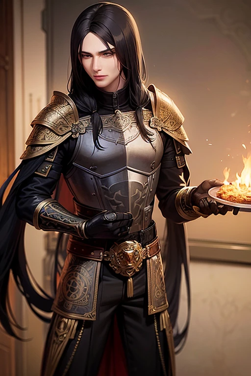 Male human, caucasian, slim, toned, long black hair, hazel-green eyes. Wearing ornate, black, steel full-plate armor. A pair of scimitars hang from his belt in ornate sheathes. A furred cloak hangs over his shoulders.
