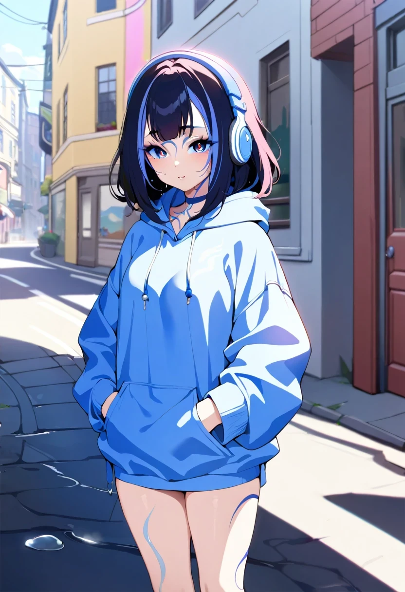 ((shylily)),(masterpiece:1.2),(best quality:1.2),8K resolution、((top-quality))、((masterpiece))、((ultra-detailliert))、1 woman、solo、incredibly absurdness、Oversized hoodies、headphones、Street、plein air、Sateen、neons、Shortcut Hair、Brightly colored eyes、Hands in pockets、a miniskirt、water dripping